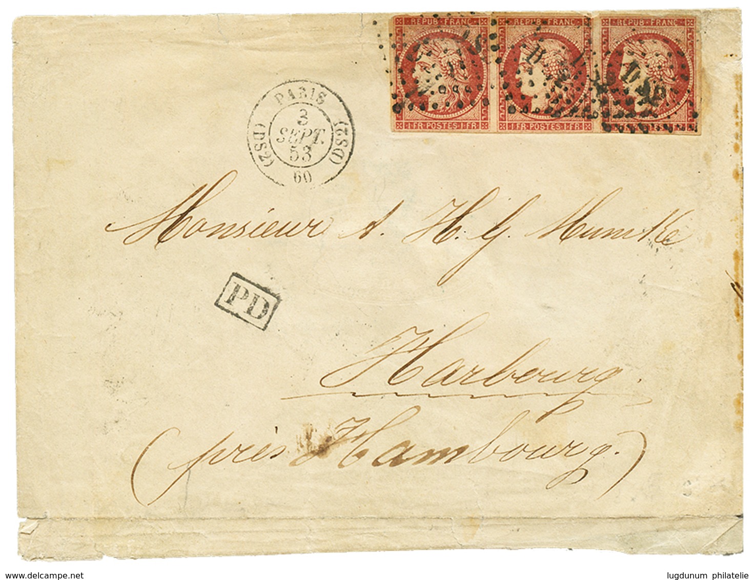 90 1853 Bande De 3 Du 1F CARMIN (n°6) Avec Défauts Obl. DS2 + PARIS(DS2) Sur Enveloppe Pour L' ALLEMAGNE. Affrt Rare à 3 - 1849-1850 Ceres