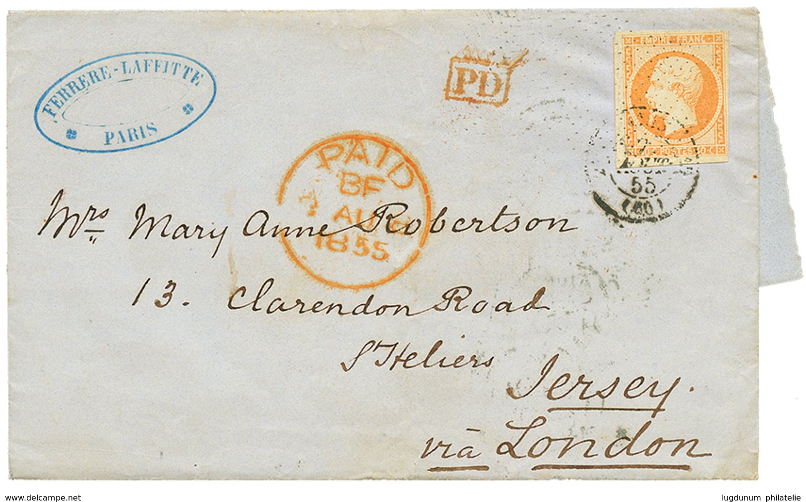 94 1855 40c(n°16) TTB Margé Obl. Roulette De POINTILLES FINS Sur Lettre Pour ST HELIERS (JERSEY). Superbe. - 1853-1860 Napoléon III.