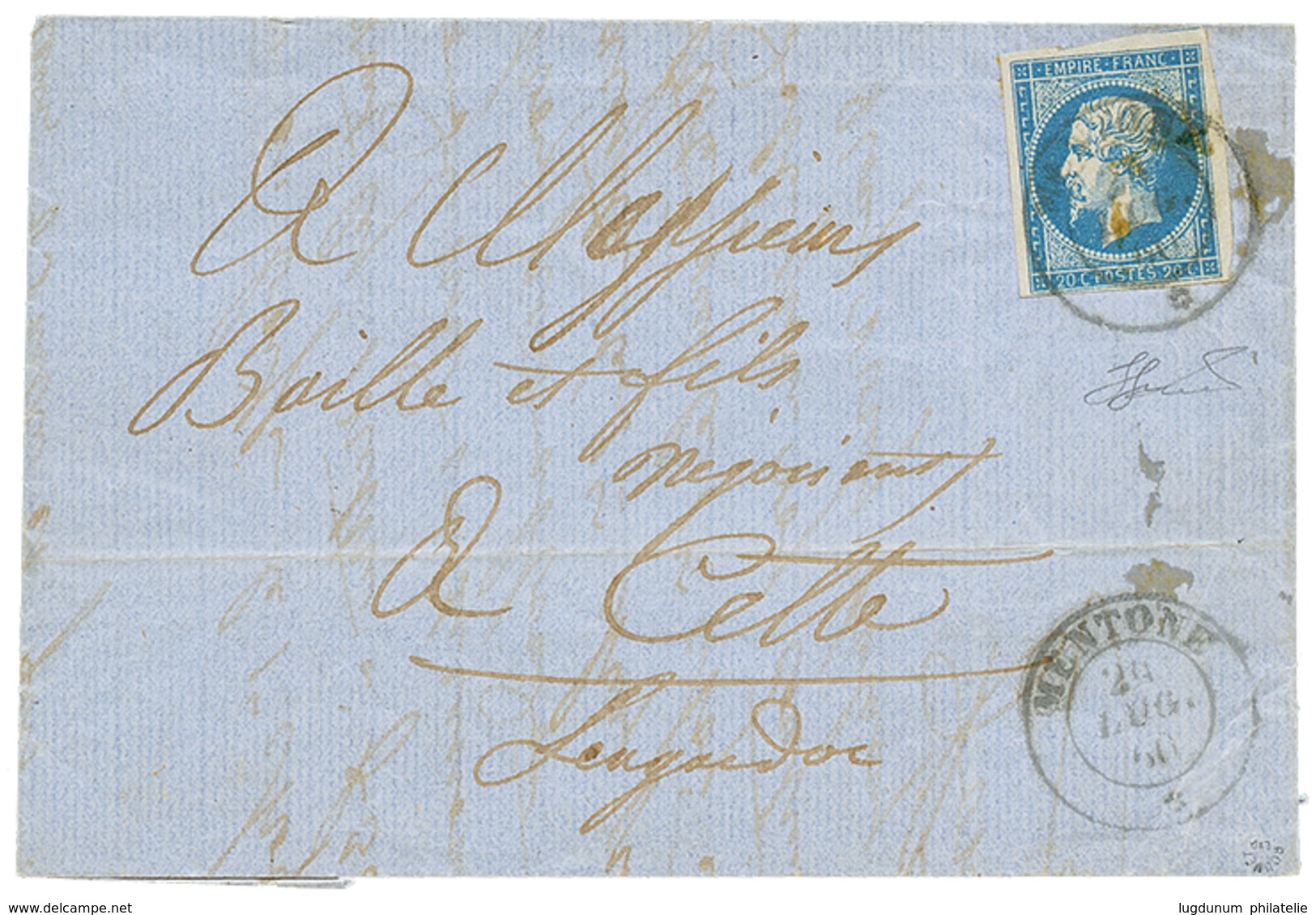 97 1860 FRANCE 20c(n°14) TB Margé Obl. Cachet Sarde MENTONE Sur Lettre Avec Texte Pour La FRANCE. Trés Rare. TTB. - 1853-1860 Napoléon III.