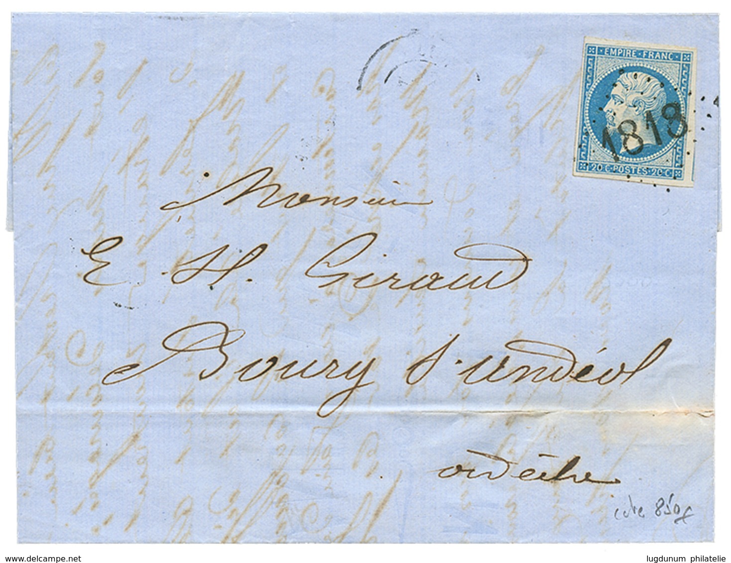 98 1862 20c(n°14) TTB Margé Obl. Cachet Baton 1818 Sur Lettre Avec Texte De LYON. Cote 850€. Superbe. - 1853-1860 Napoléon III