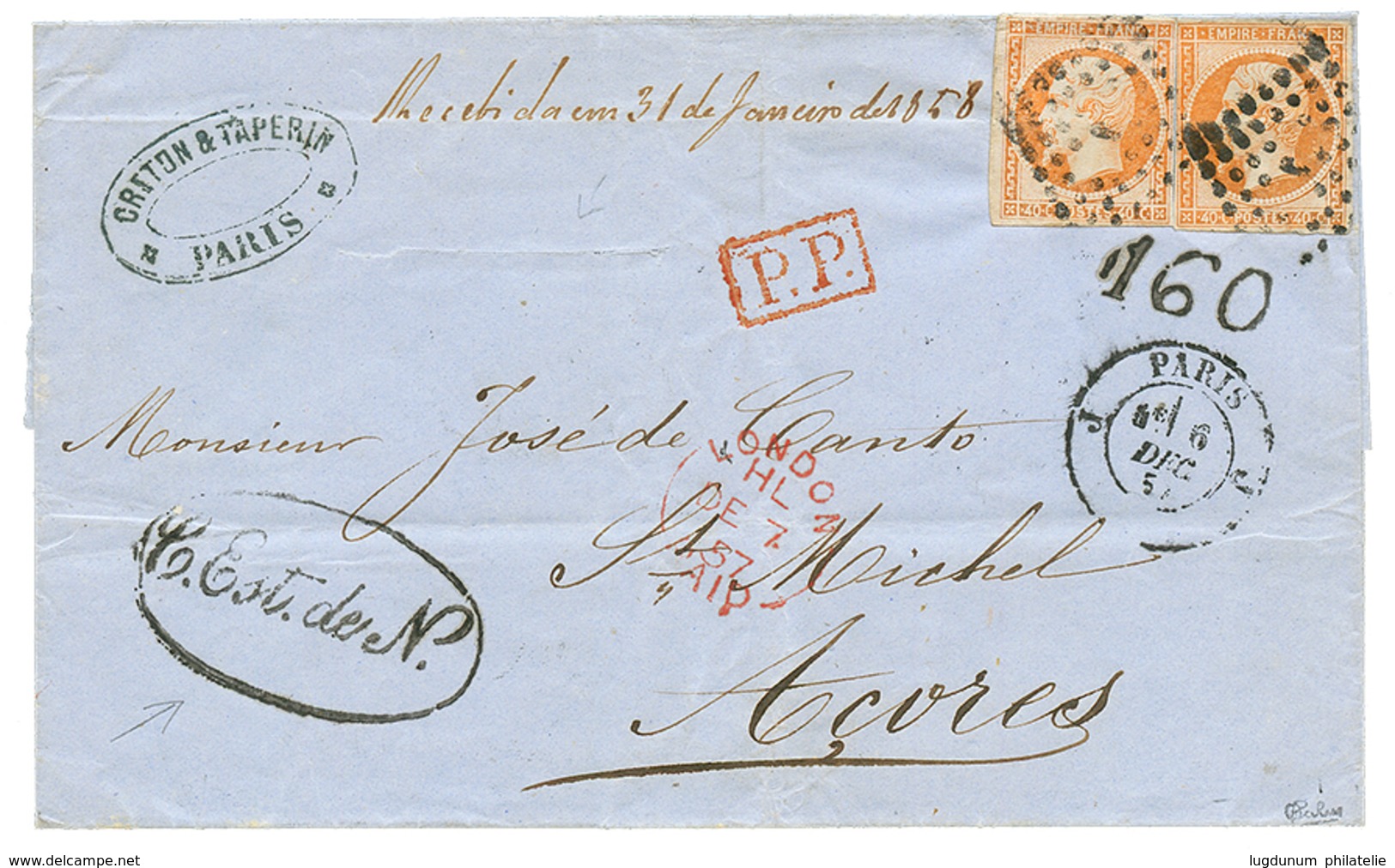 99 1857 40c(n°16)x2 + Taxe "160" + C.EST.de N. Sur Lettre De PARIS Pour ST MICHEL (ACORES). Destination Rarissime Avec é - 1853-1860 Napoléon III.
