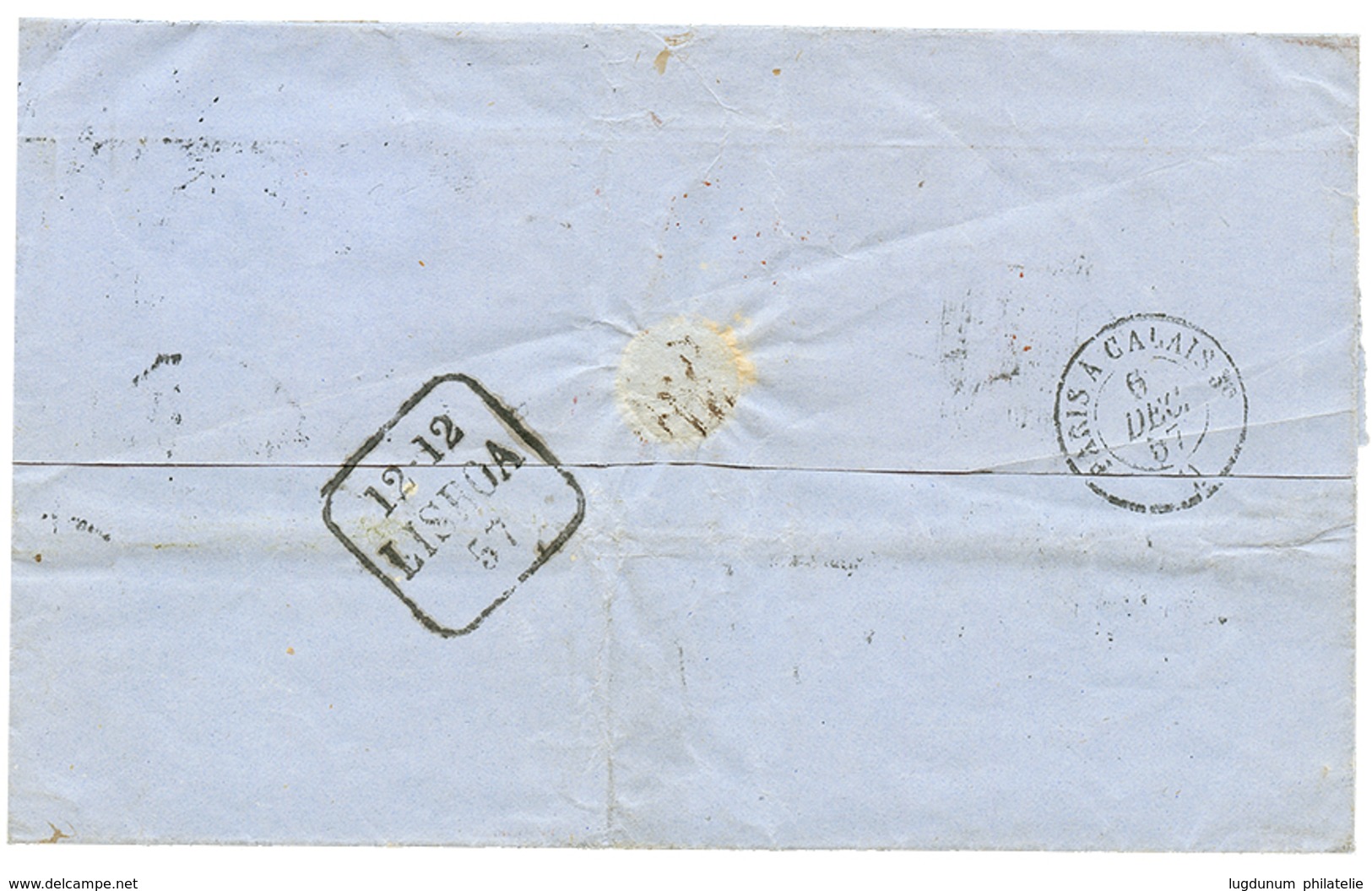 99 1857 40c(n°16)x2 + Taxe "160" + C.EST.de N. Sur Lettre De PARIS Pour ST MICHEL (ACORES). Destination Rarissime Avec é - 1853-1860 Napoléon III.