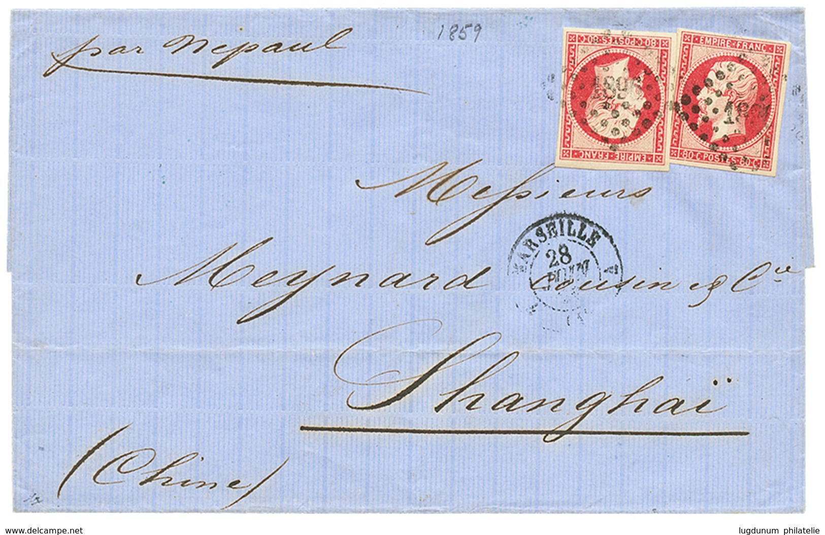 100 "Double Port à 1F60 Pour La CHINE : 1859 80c(n°17)x2 TB Margés Sur Lettre De MARSEILLE Pour SHANGHAI (CHINE). Verso, - 1853-1860 Napoléon III.