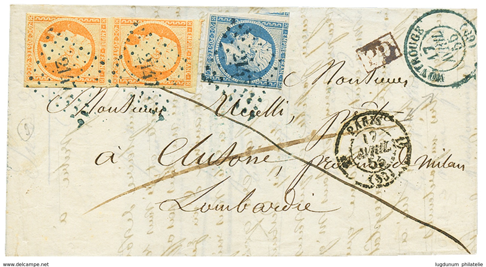 103 "PETIT CHIFFRE 2147 En BLEU" : 1855 20c(n°14) + Paire 40c(n°16) Pd Obl. PC 2147 En Bleu + T.15 MONTROUGE Bleu Sur Le - 1853-1860 Napoléon III.