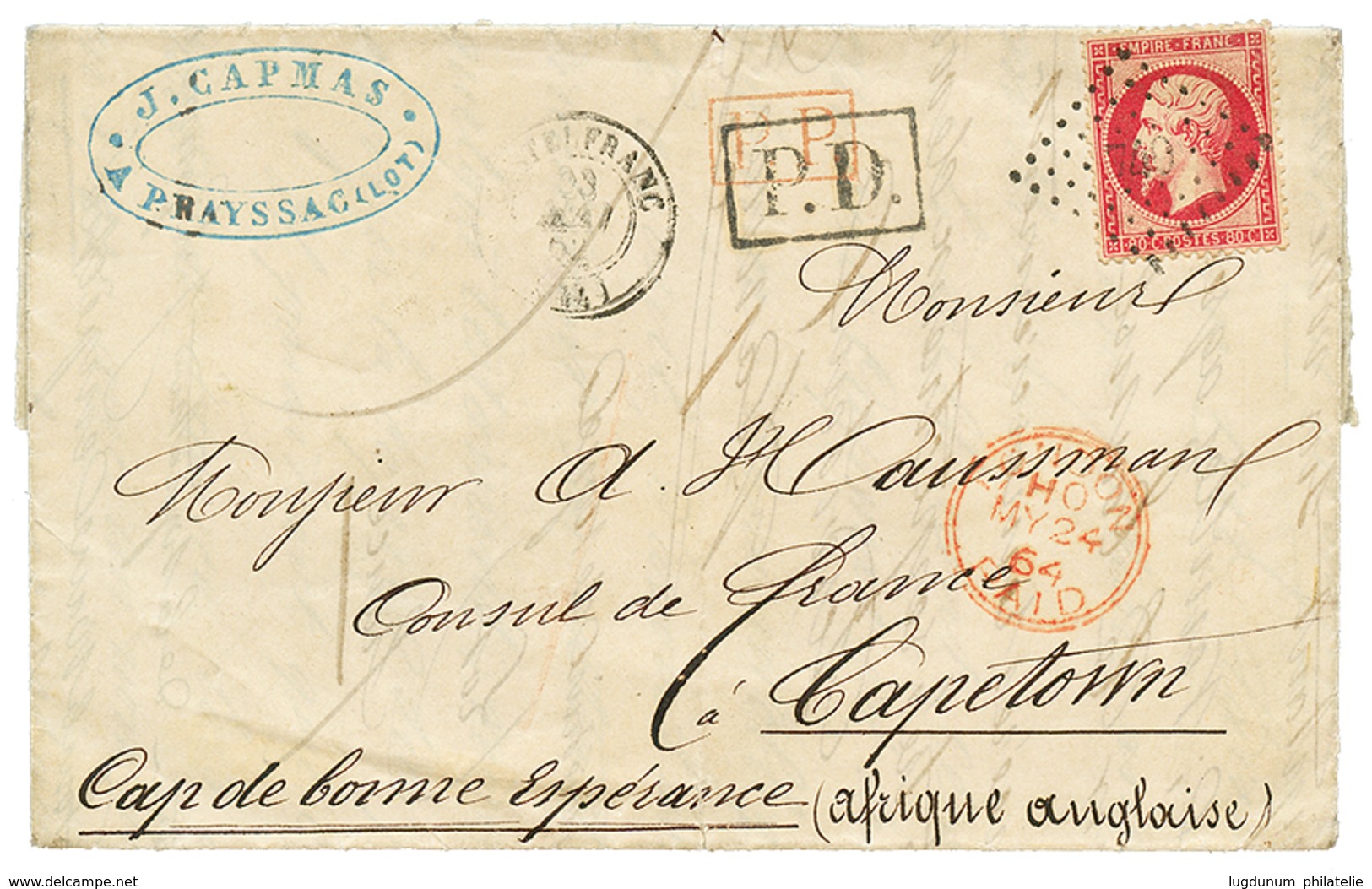 105 1864 80c(n°24) Obl. PC Du GC 740 + T.15 CASTELFRANC Sur Lettre Pour CAPETOWN. Destination Rare Pour Le CAP DE BONNE  - 1863-1870 Napoléon III. Laure