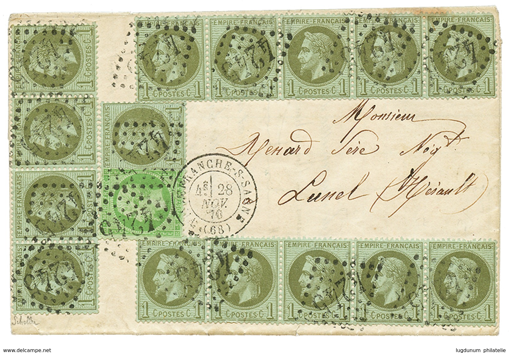 107 1870 1c Lauré(n°25) 2 Bandes De 5 + Une Bande De 4 + 1 Ex. + 5c(n°20) Obl. GC 4245 + VILLEFRANCHE-S-SAONE Sur Lettre - 1863-1870 Napoléon III. Laure