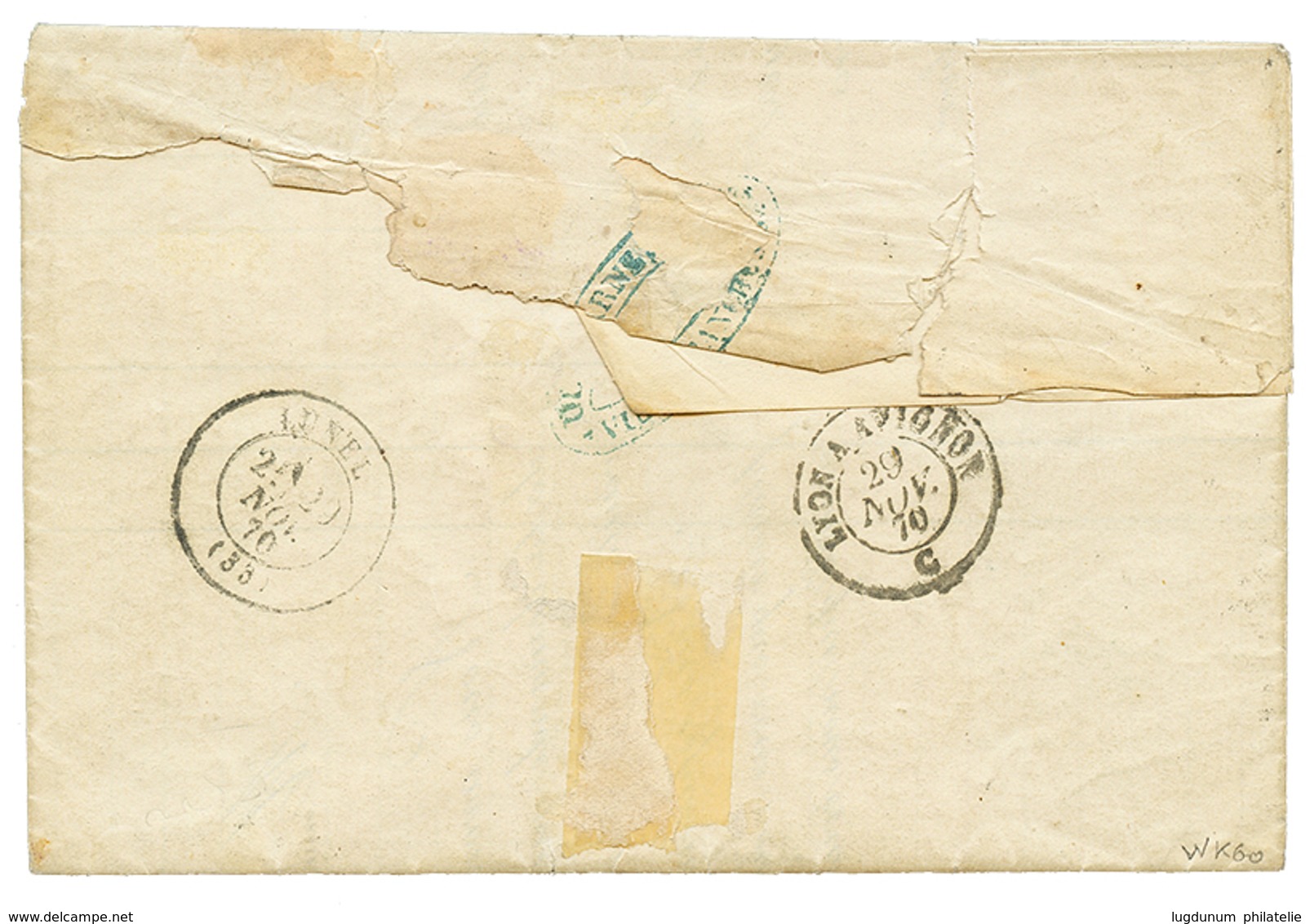 107 1870 1c Lauré(n°25) 2 Bandes De 5 + Une Bande De 4 + 1 Ex. + 5c(n°20) Obl. GC 4245 + VILLEFRANCHE-S-SAONE Sur Lettre - 1863-1870 Napoléon III. Laure