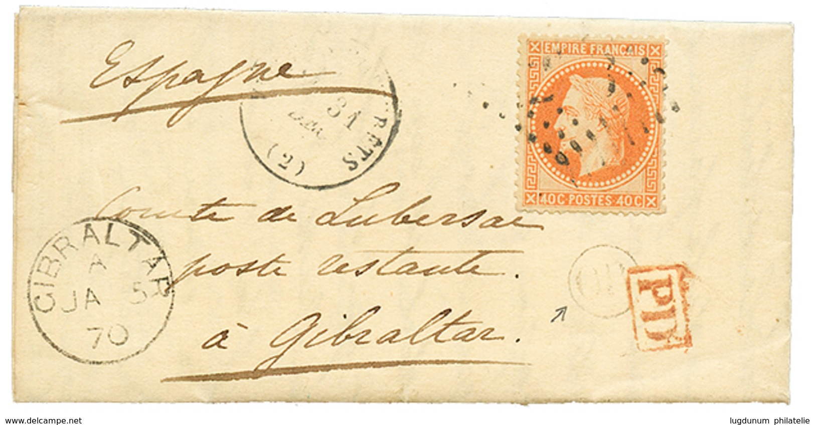 109 1870 40c(n°31) Obl. Sur Lettre Avec Texte Pour GIBRALTAR. Arrivée Au Recto. TTB. - 1863-1870 Napoleon III With Laurels