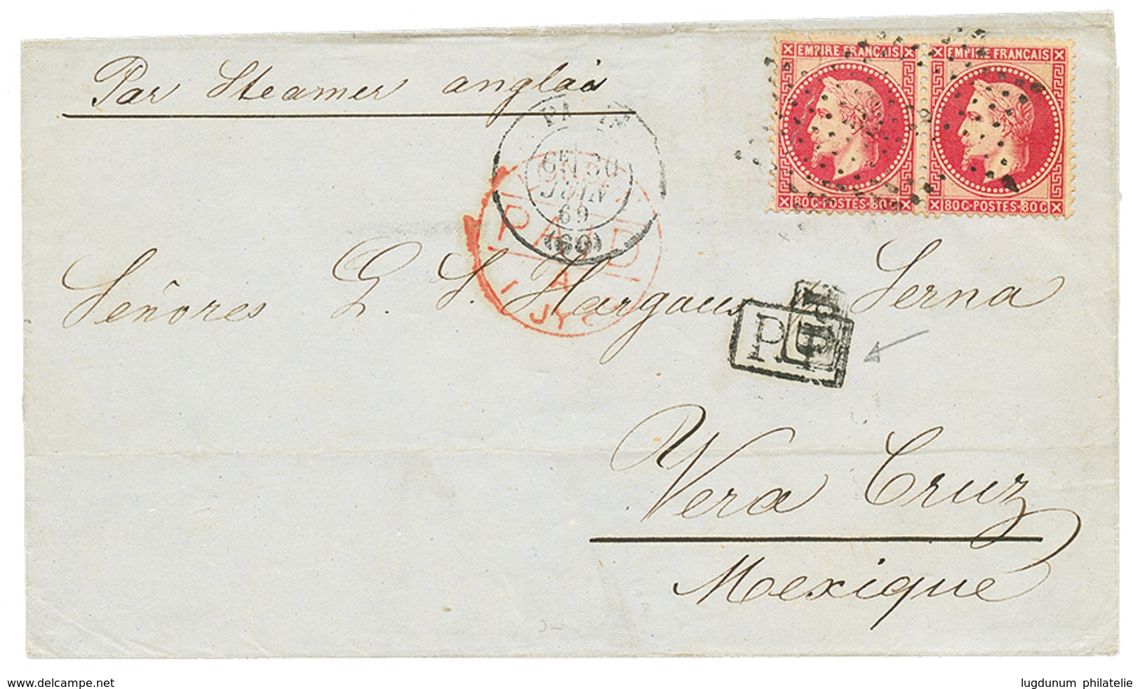 110 1869 Paire 80c(n°32) Sur Lettre De PARIS Pour VERA-CRUZ (MEXIQUE). Double Port à 1F60. Superbe. - 1863-1870 Napoleon III With Laurels