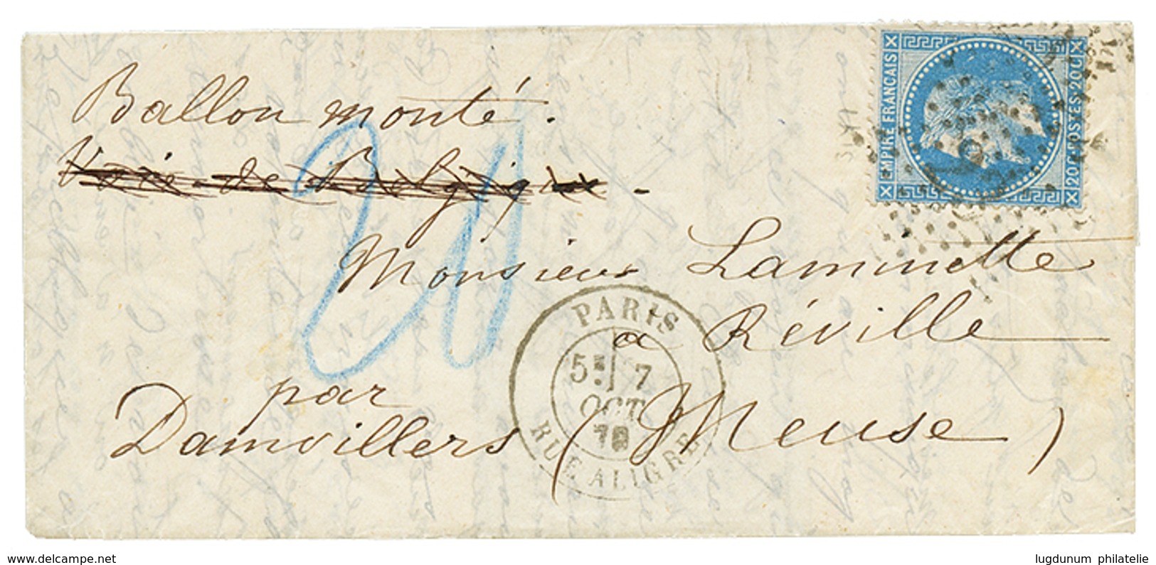 112 "BALLON MONTE Bloqué Par La CENSURE ALLEMANDE" : 20c(n°29) Obl. Etoile + PARIS 7 Oct 70 + Taxe Allemande "20" Bleue  - Guerra Del 1870