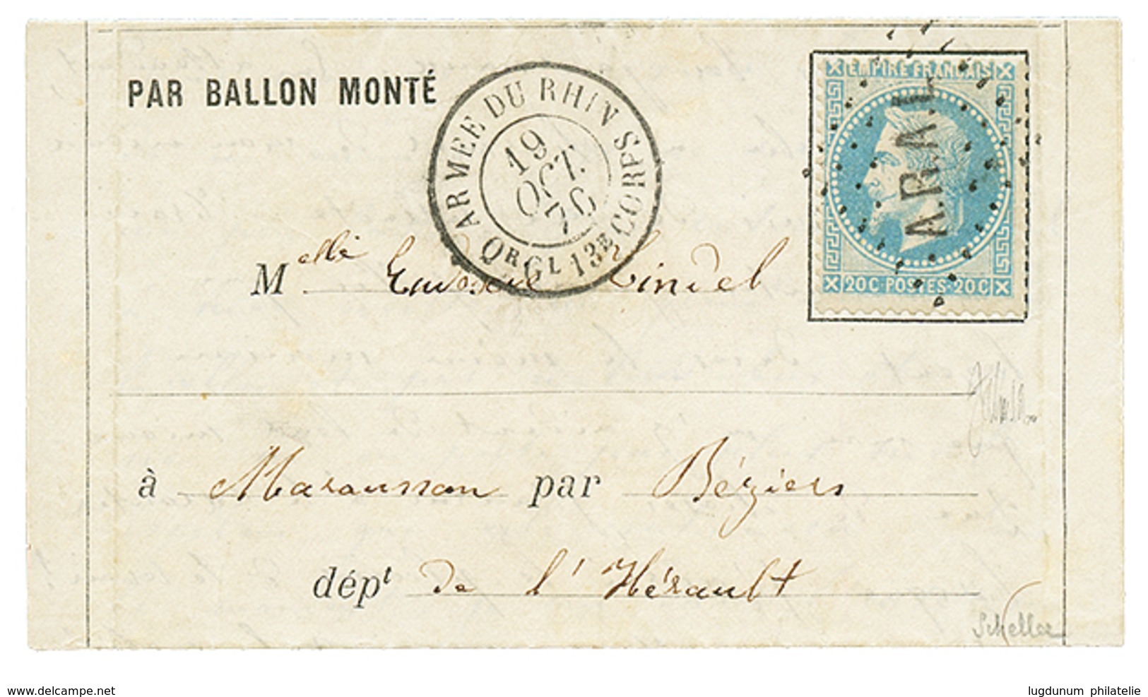 114 20c(n°29) Obl. Losange ARAL + ARME DU RHIN Qr Gl 13e CORPS Sur Lettre Par BALLON MONTE Pour BEZIERS . Verso, BEZIERS - Krieg 1870