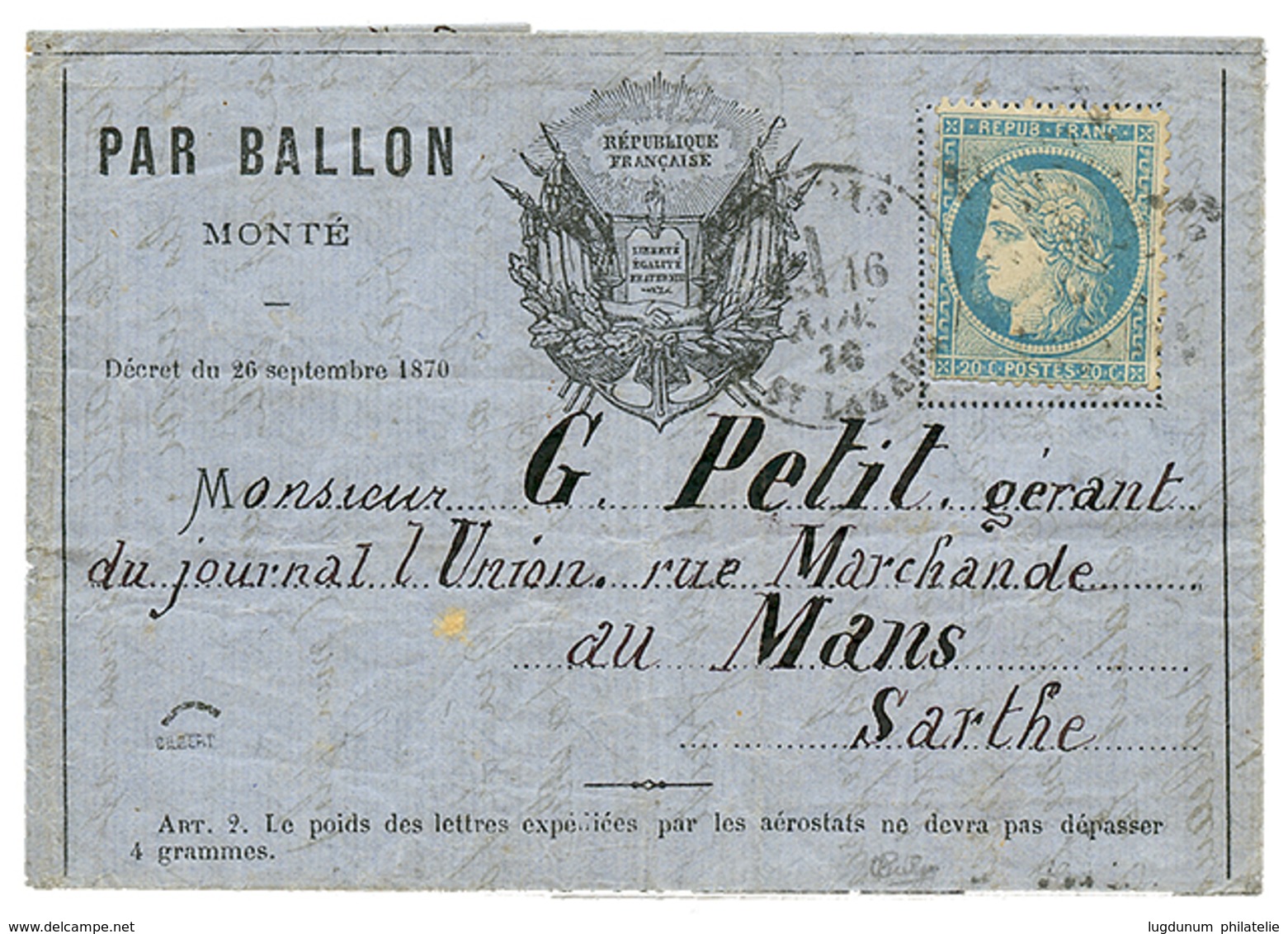 116 20c SIEGE(n°37) Obl. ETOILE + PARIS 16 Nov 70 Sur Lettre PAR BALLON MONTE Formule "AUX DRAPEAUX" Pour LE MANS (26 No - War 1870