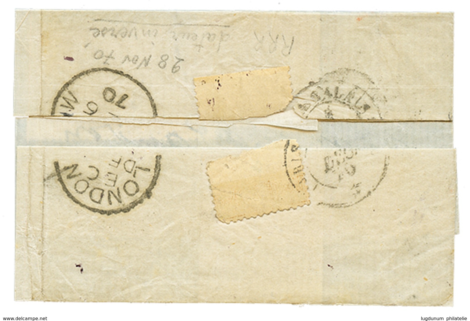 119 10c(n°28)x3 Obl. PARIS SC Rouge 28 Nov 70 (dateur Inversé) Sur Lettre Pour BAYSWATER (ANGLETERRE). Verso, LONDON 6 D - Krieg 1870