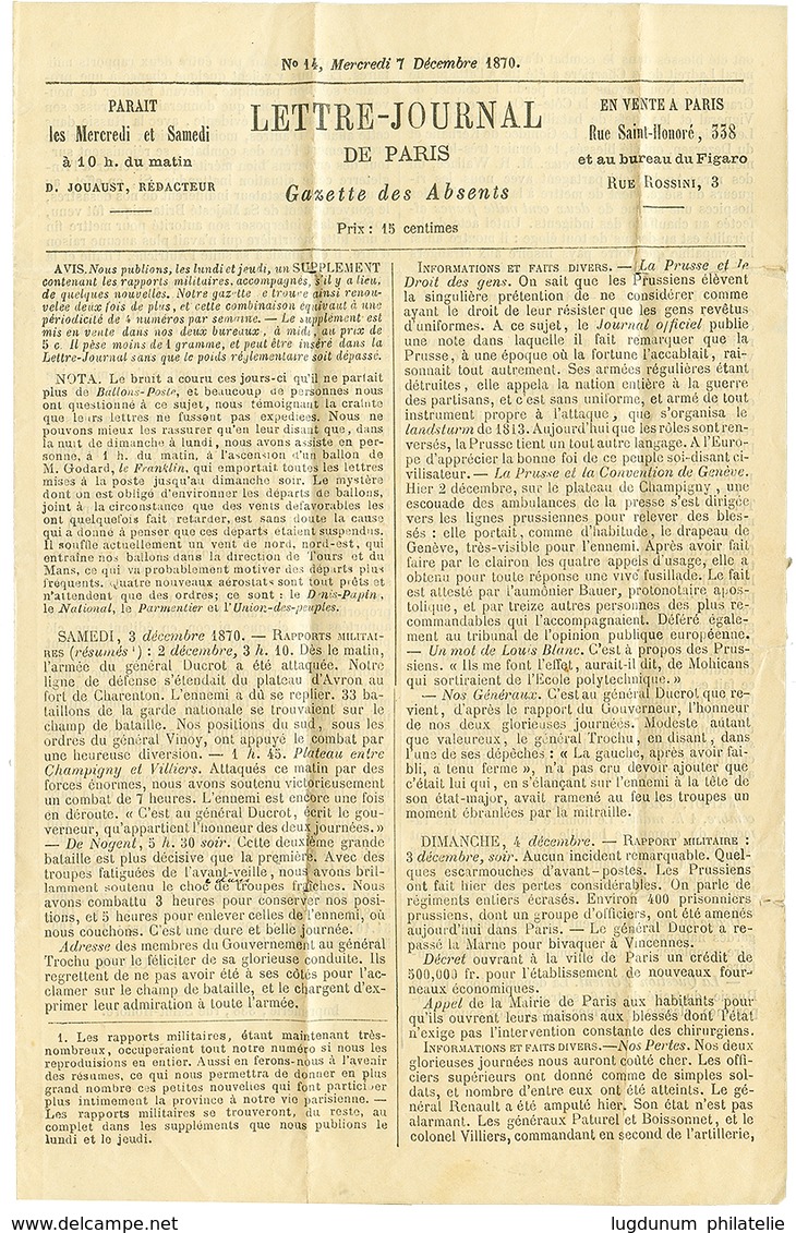 121 40c(n°38) Obl. Etoile + PARIS 9 Dec 70 Sur GAZETTE DES ABSENTS N°14 Avec Son Supplément (cote + 900E) Pour LONDRES.  - Krieg 1870