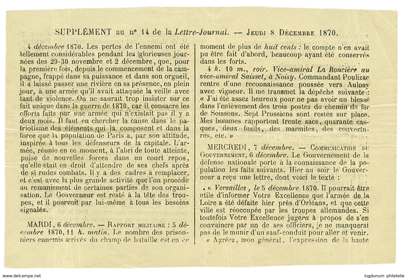 121 40c(n°38) Obl. Etoile + PARIS 9 Dec 70 Sur GAZETTE DES ABSENTS N°14 Avec Son Supplément (cote + 900E) Pour LONDRES.  - Krieg 1870