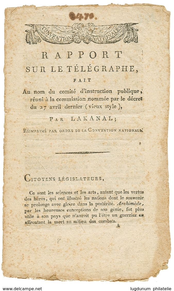 129 "RAPPORT Sur Le TELEGRAPHE" : Cachet De Franchise CONv. NATle Sur Superbe Document De 10 Pages "RAPPORT SUR LE TELEG - Other & Unclassified