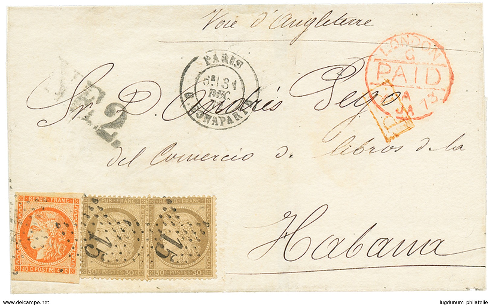 130 "ETOILE De PARIS Sur 40c BORDEAUX" : 1872 40c BORDEAUX (n°48) Trés Grandes Marges + 30c CERES(x2) Obl. Etoile 15 Sur - 1870 Bordeaux Printing