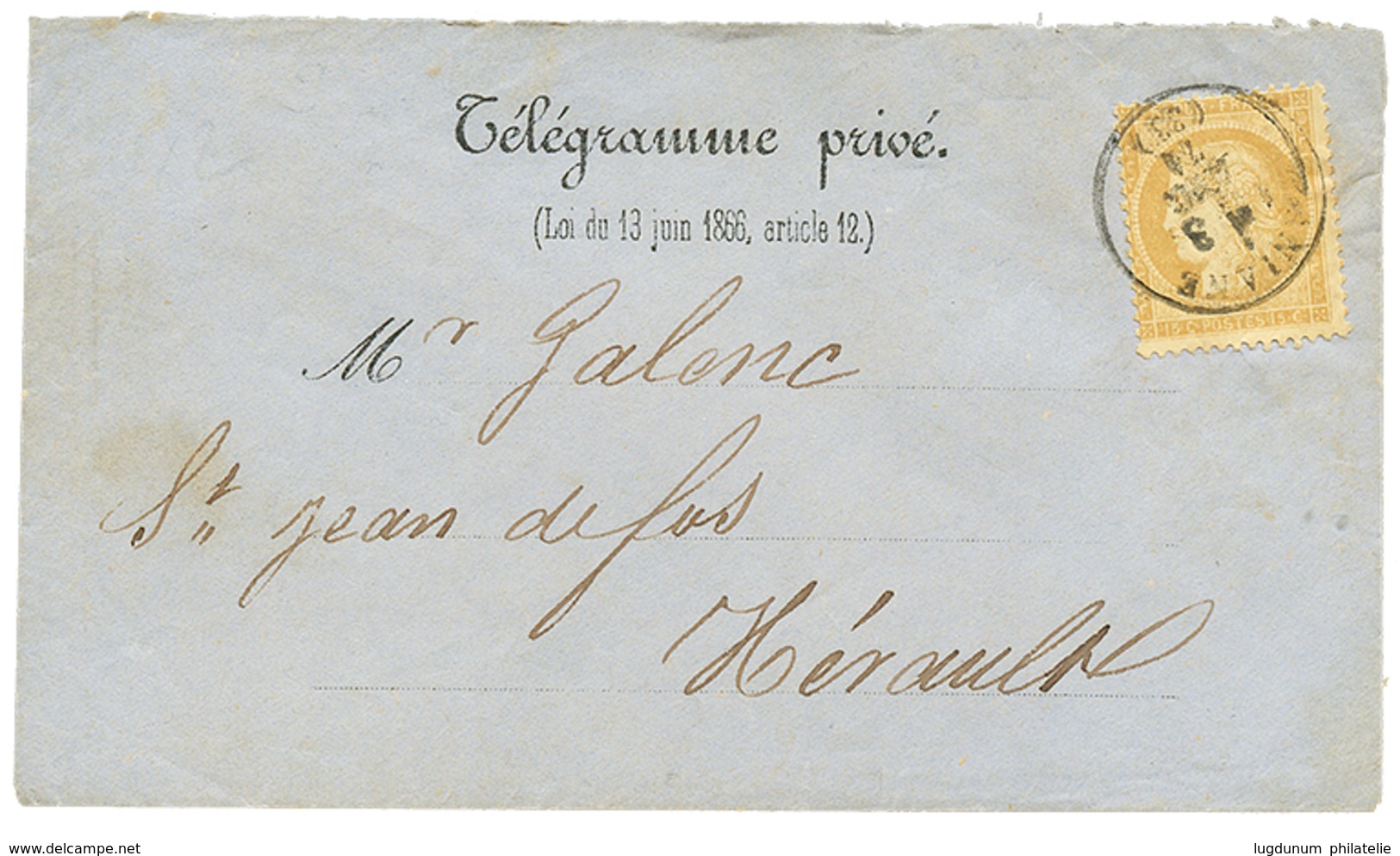 131 1874 15c CERES Obl. T.16 ANIANE Sur Enveloppe TELEGRAMME. Verso, Cachet STATION ANIANE. TTB. - 1871-1875 Ceres