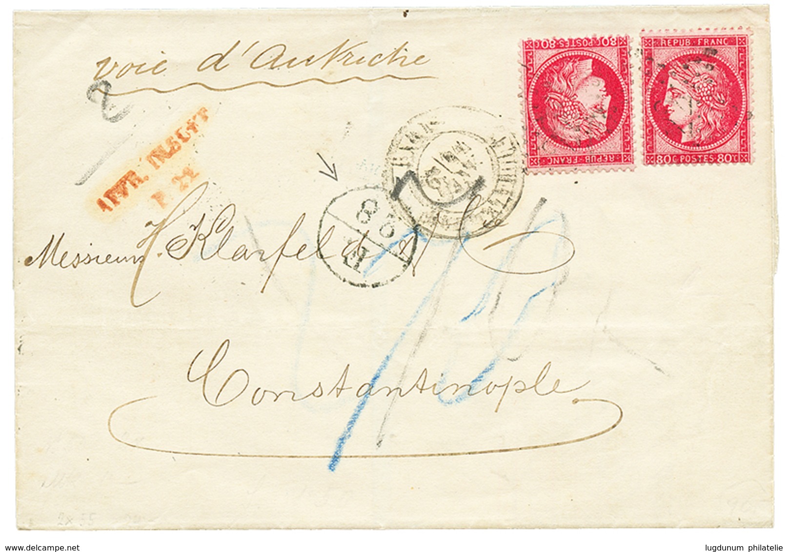 134 1874 80c CERES(x2) Obl. Etoile + PARIS + AFFR. INSUFF/P.22 Rouge + Rare Marque D' échange F./28 Sur Lettre Par La Vo - 1871-1875 Ceres