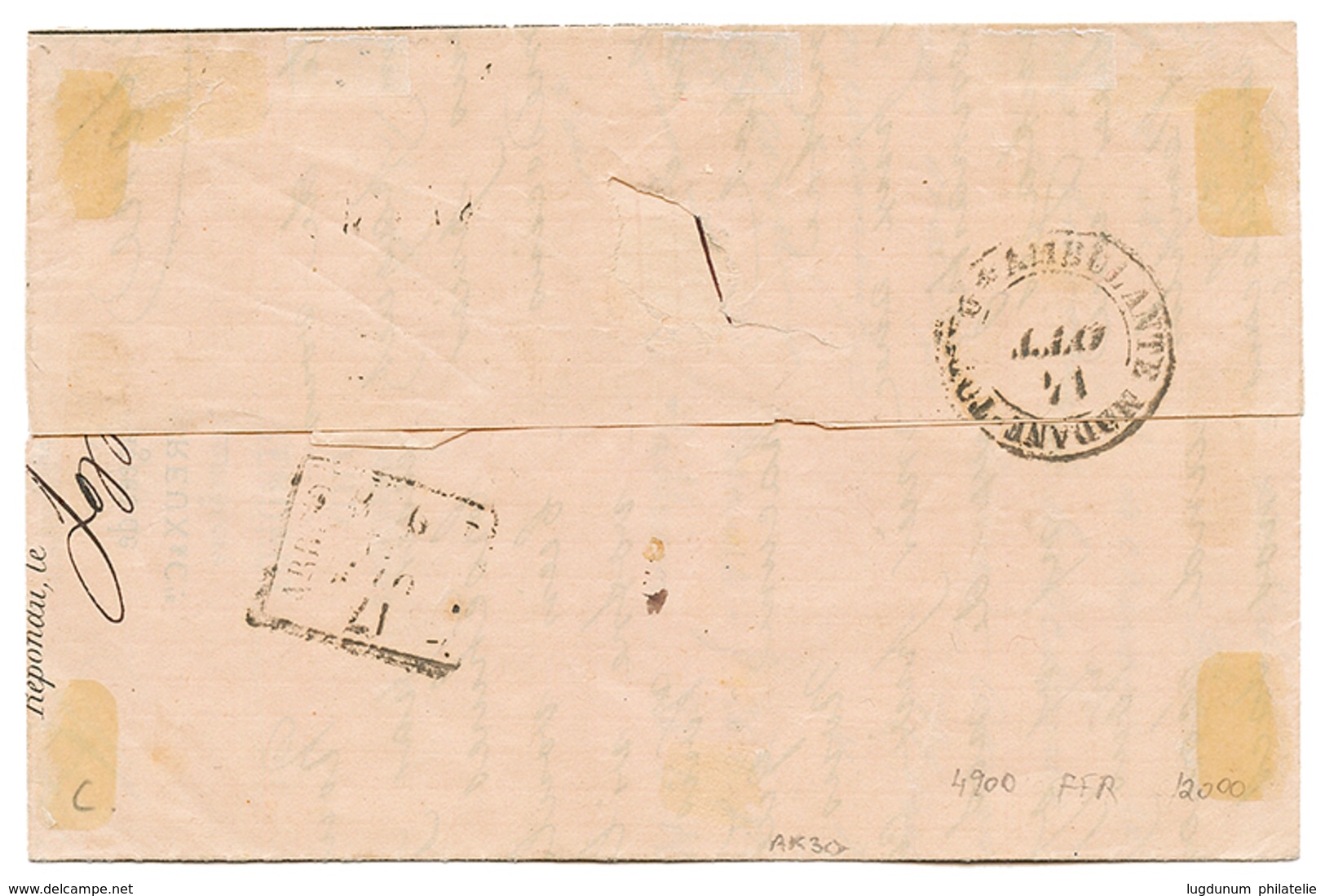 135 1874 CERES 15c + 25c Obl. P.D Rouge + PARIS ETRANGER Bleu Sur Lettre De PARIS Pour L' ITALIE. TTB. - 1871-1875 Ceres