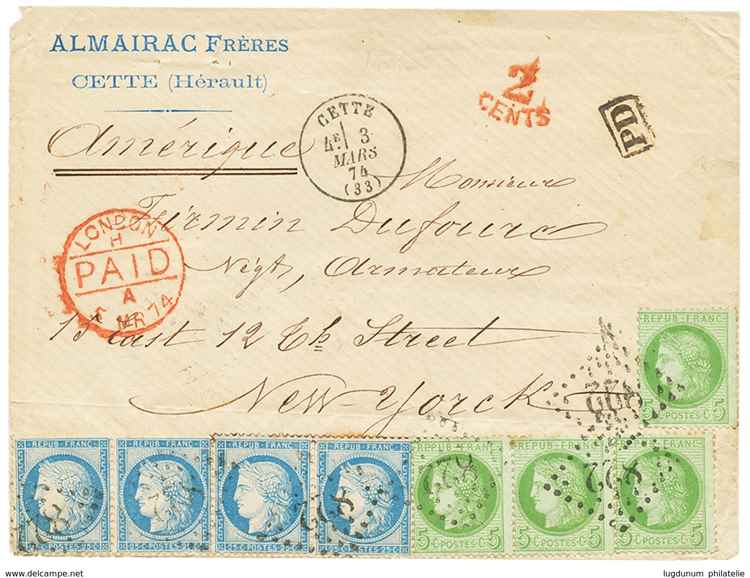 136 1874 CERES 5c(x4) + 25c(x4) Obl. GC 822 + T.16 CETTE Sur Enveloppe Pour NEW-YORK (USA). Superbe. - 1871-1875 Ceres