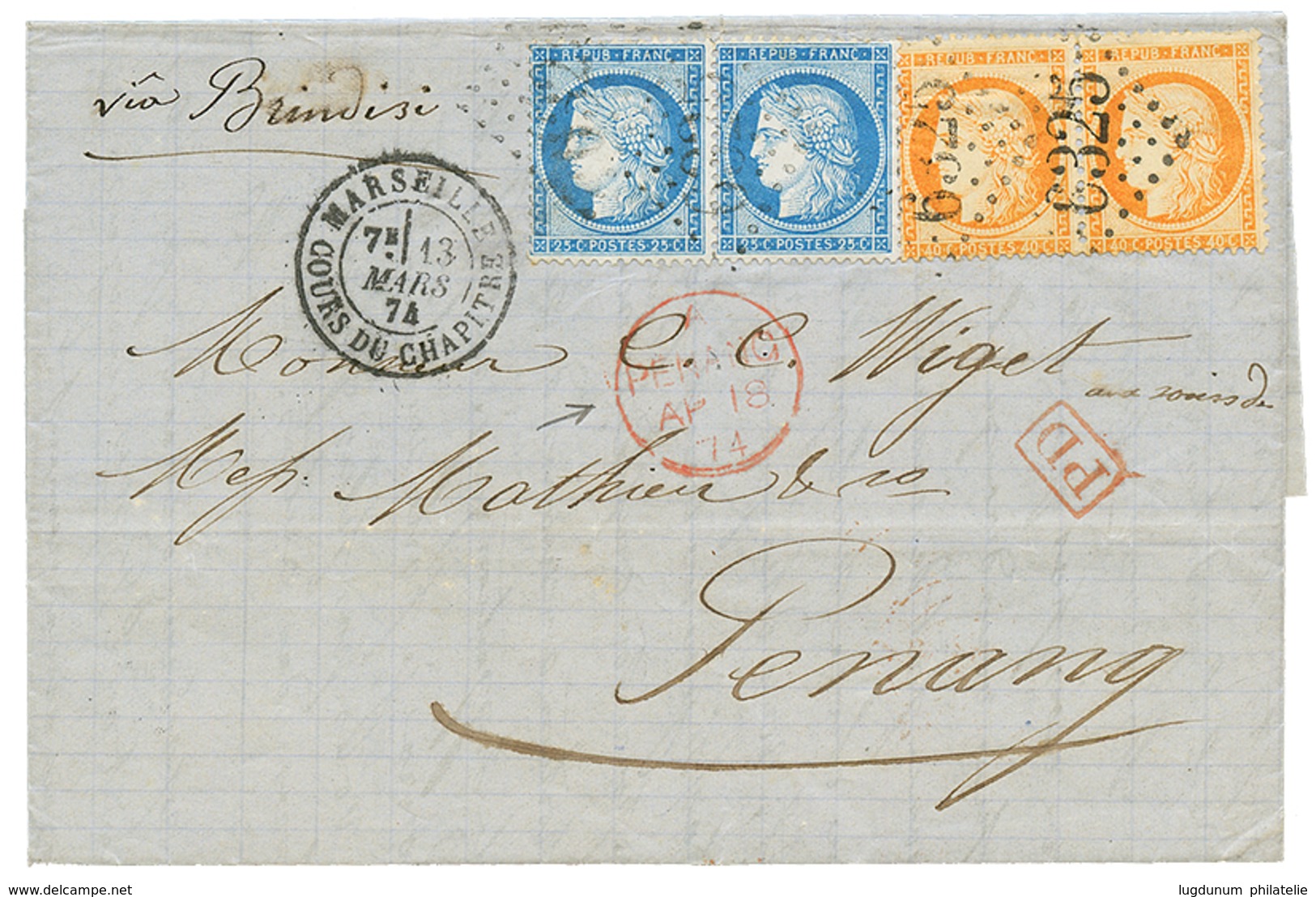 139 "1F30 Pour La MALAYSIE" : 1874 CERES Paire 40c(x2) + 25c CERES (x2) Sur Lettre De MARSEILLE Via BRINDISI Pour PENANG - 1871-1875 Ceres