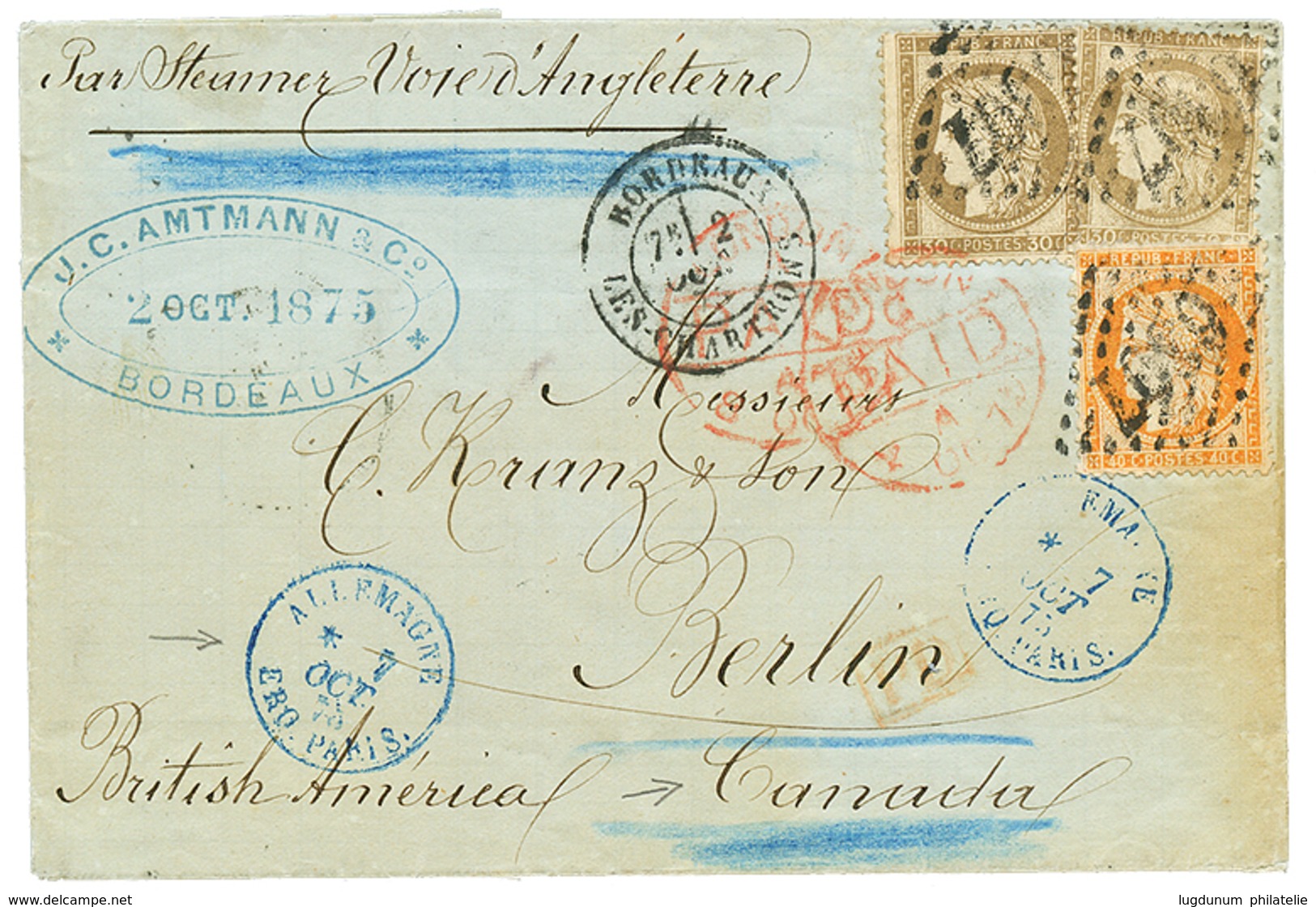 141 1875 CERES 30c(x2) +40 Sur Lettre De BORDEAUX Pour BERLIN (CANADA). Cachet D' Entrée Bleu ALLEMAGNE ERQ. PARIS Au Re - 1871-1875 Ceres