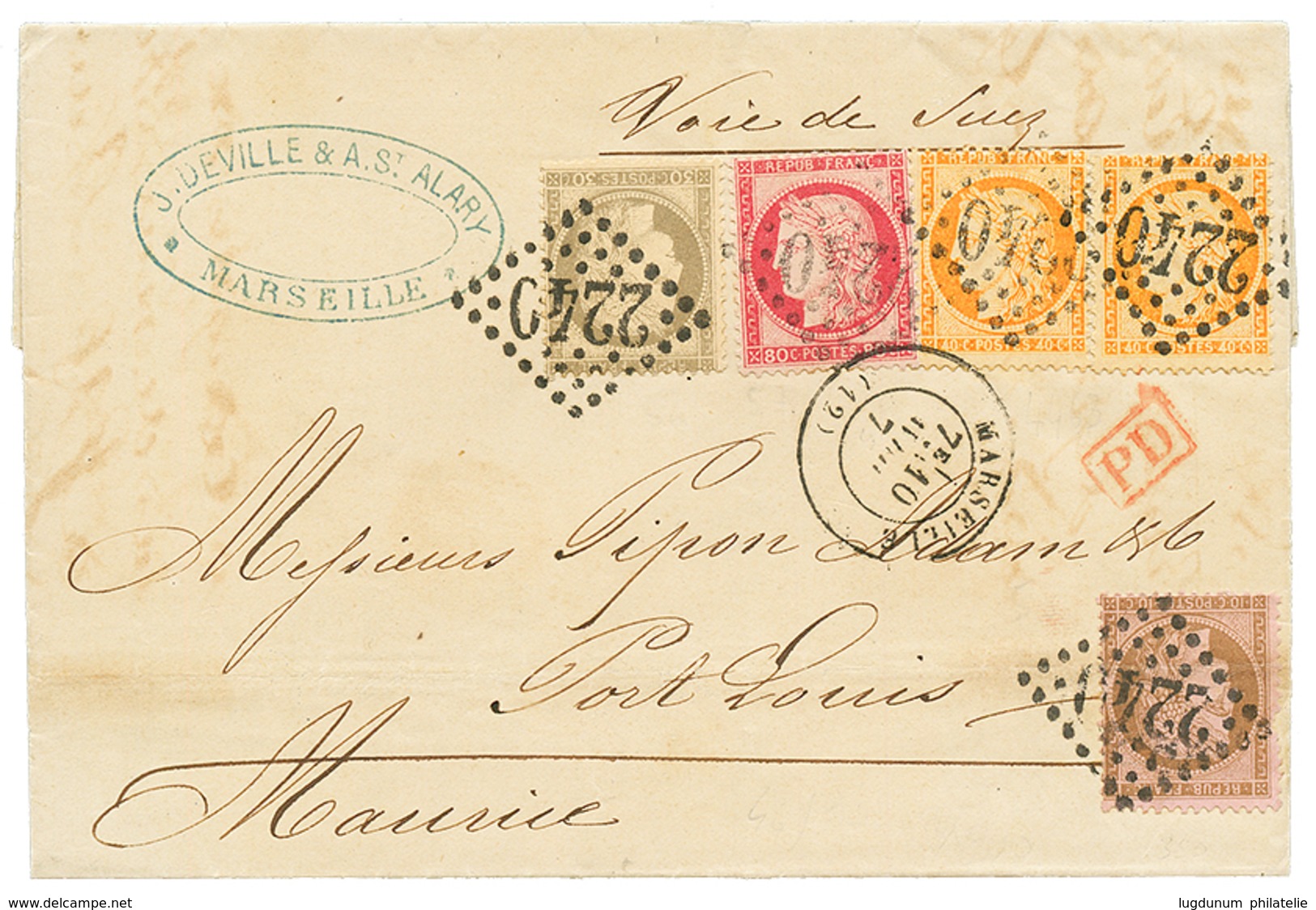 142 1875 CERES 10c + 30c+ 40c(x2) + 80c Sur Lettre De MARSEILLE Pour L' ILE MAURICE. Superbe Tricolore. - 1871-1875 Ceres