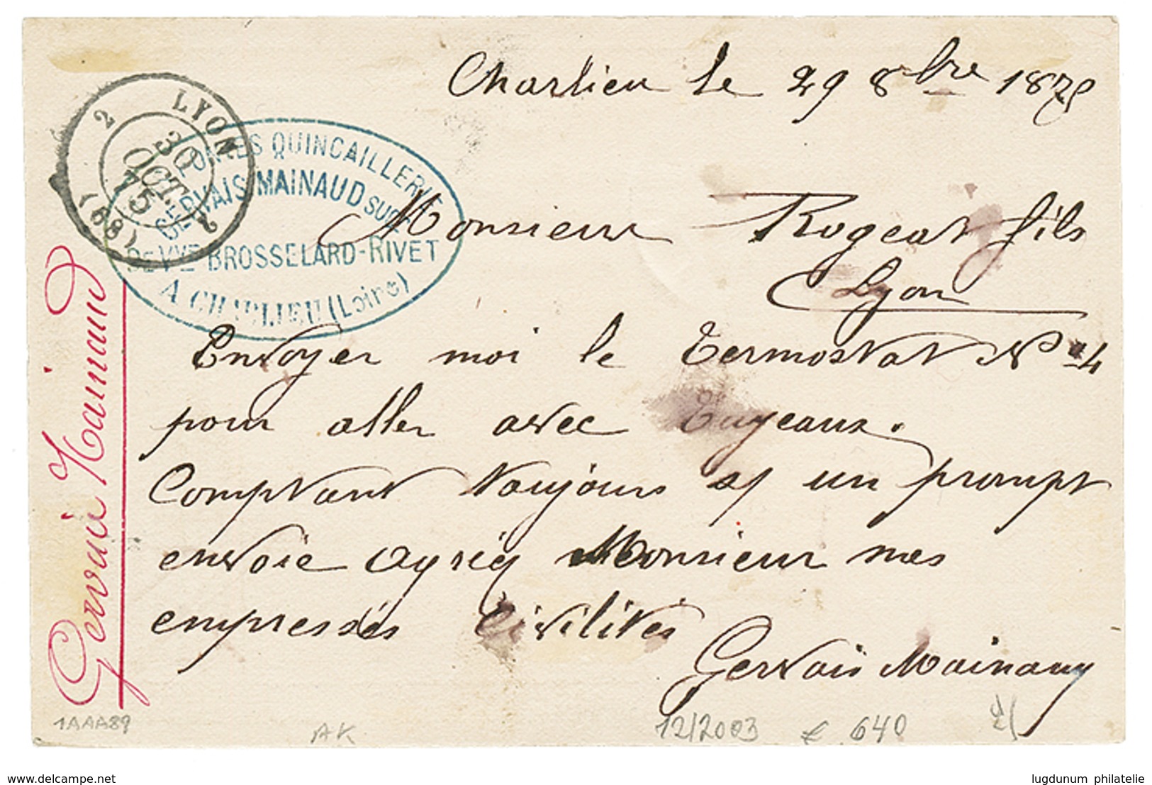 143 1875 15c CERES Obl. B.M Oval + BELMONT DE LA LOIRE Sur CARTE PRECURSEUR Datée "CHARLIEU". TTB. - 1871-1875 Ceres