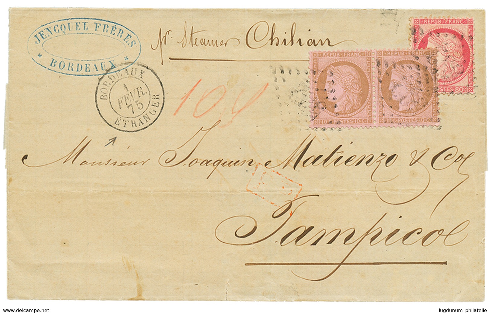 144 1875 CERES 10c(x2) + 80c Obl. GC 532 + BORDEAUX ETRANGER Sur Lettre Pour TAMPICO ( MEXIQUE ). TB. - 1871-1875 Ceres