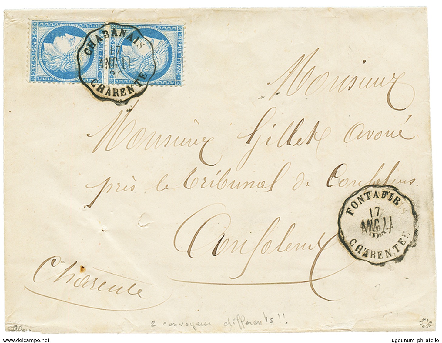 145 1876 Paire 25c(n°60) Obl. Convoyeur CHABANAIS/ANG.LI/ CHARENTE + Convoyeur FONTAFIE/ANG.LI / CHARENTE Sur Enveloppe  - 1871-1875 Ceres