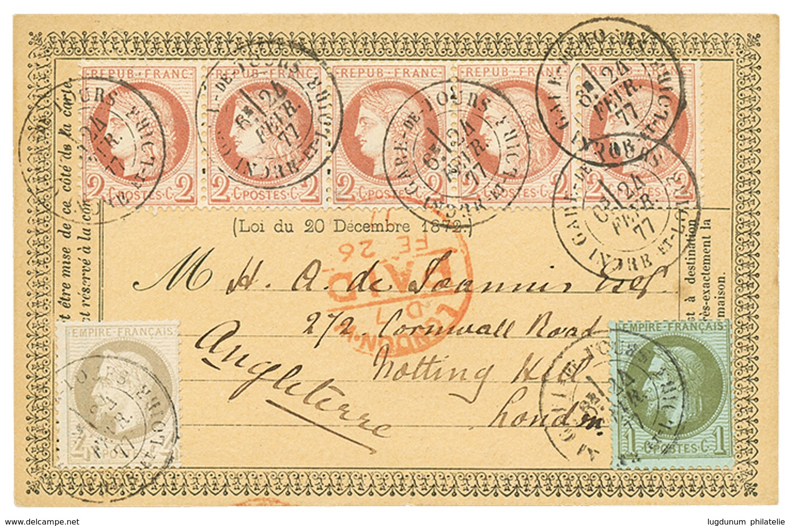 148 1877 1c Lauré(n°25) + 4c Lauré (n°27) + 2c CERES Bande De 5 Obl. GARE DE TOURS Sur CARTE PRECURSEUR Pour L' ANGLETER - 1871-1875 Ceres