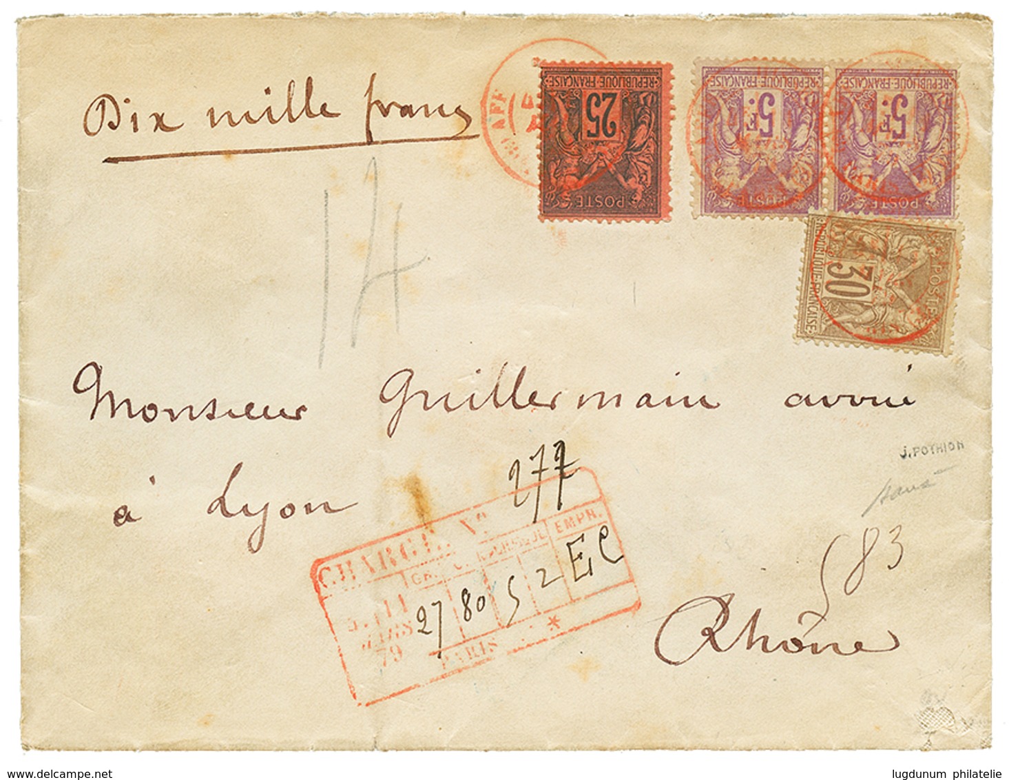 152 1879 Paire 5F Violet (n°95) + 25c + 30c Obl. Cachet Rouge De PARIS Sur Enveloppe CHARGEE Pour LYON. Affrt Rare De Tr - 1876-1878 Sage (Typ I)