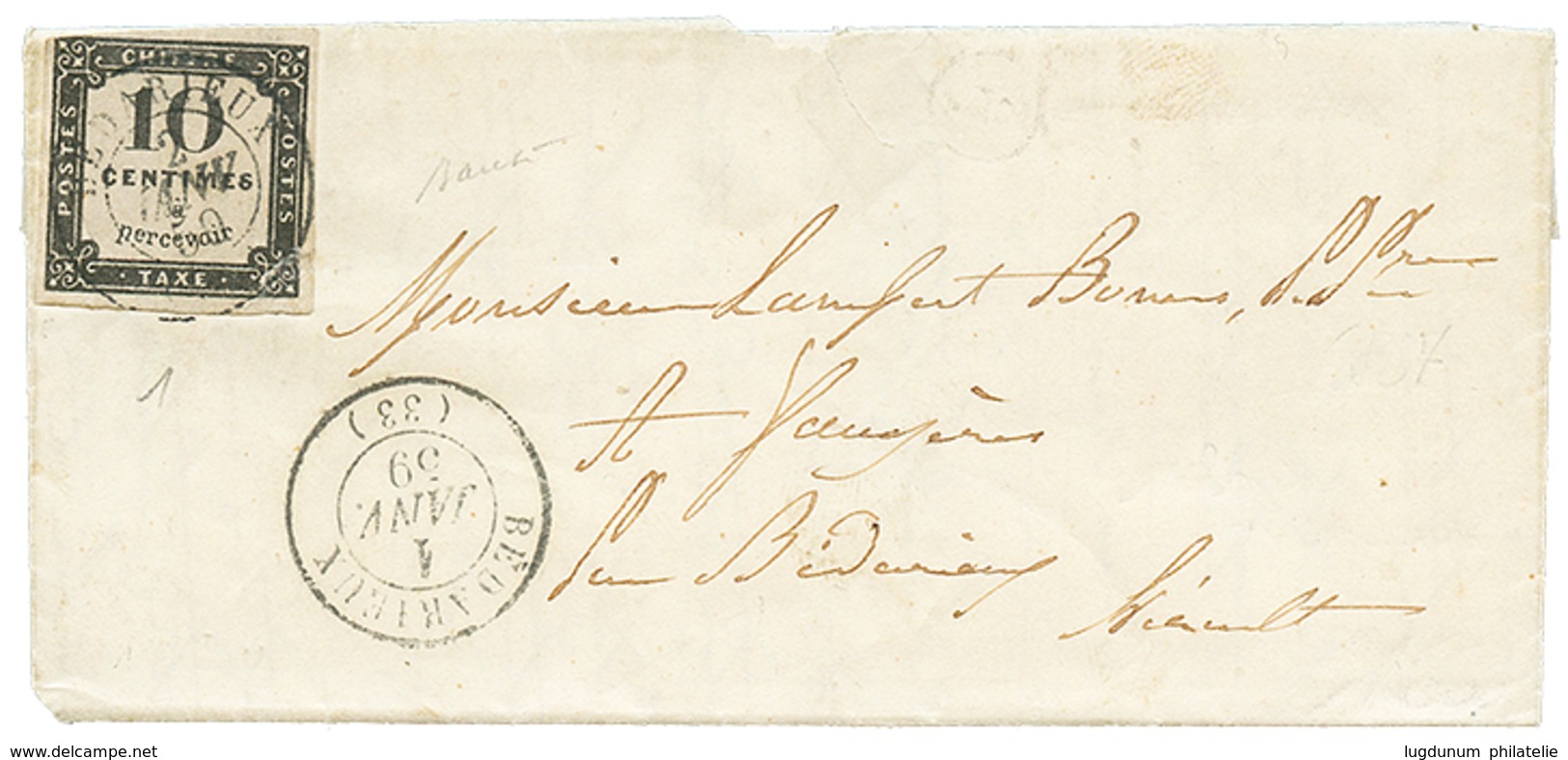 158 "1 JANVIER 1859 = 1er JOUR D' Utilisation D' Un TIMBRE-TAXE" : 1859 T.15 BEDARIEUX 1 JANV. 59 + 10c TAXE(n°1) Pd Obl - Sonstige & Ohne Zuordnung