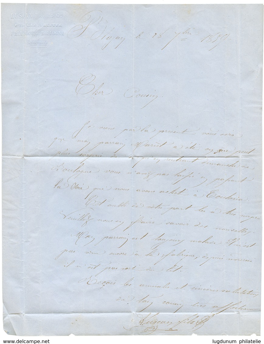 159 1859 10c TAXE(n°2) Pd Obl. OR En Rouge Sur Lettre Avec Texte Daté "BLAJAN". Trés Rare. Signé BAUDOT & CALVES. TB. - Other & Unclassified