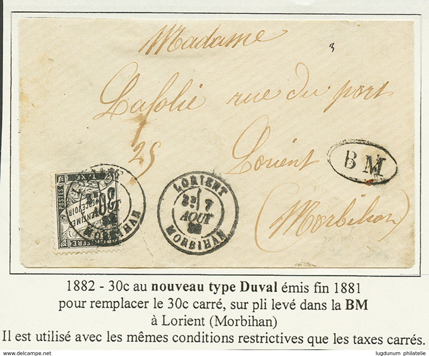 168 1882 30c TAXE (n°18) + B.M Oval Sur Env. Pour LORIENT. TB Combinaison Avec BOITE MOBILE. TTB. - Altri & Non Classificati