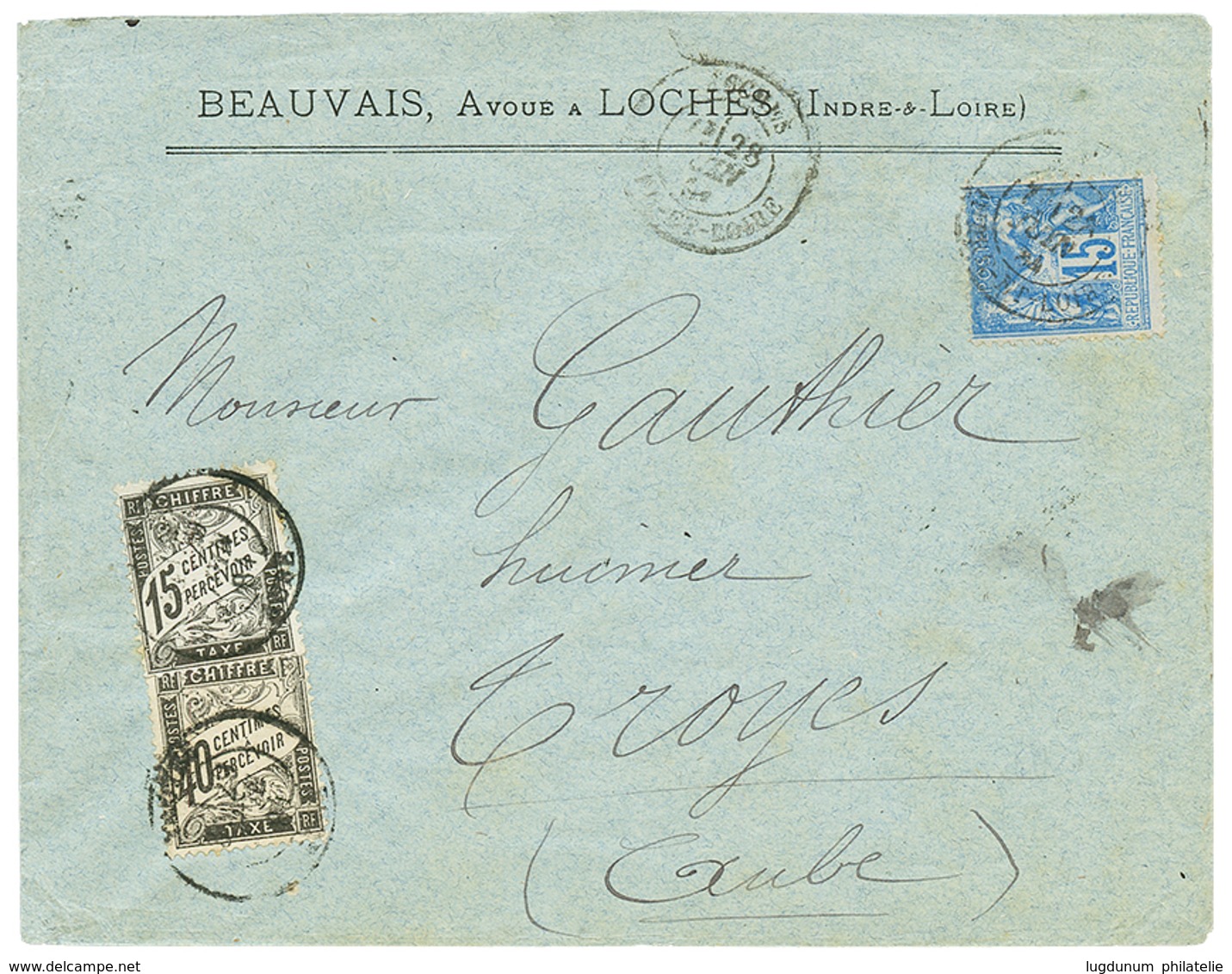 170 1884 15c SAGE Obl. LOCHES Sur Env. Taxée Avec TAXE 15c(n°16) + 40c(n°19). Taxe érronée à 55c Aulieu De 45c (2éme éch - Other & Unclassified