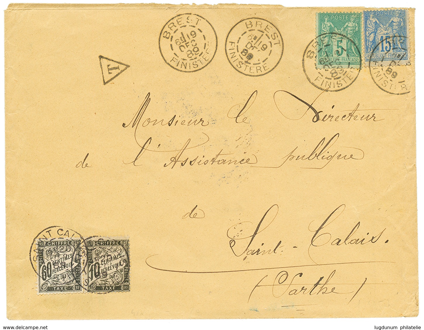 172 1889 SAGE 5c + 15c Obl. BREST Sur Env. Taxée à SAINT CALAIS Avec TAXE 10c(N°15) + 60c(n°21). Lettre 3éme échelon Aff - Sonstige & Ohne Zuordnung