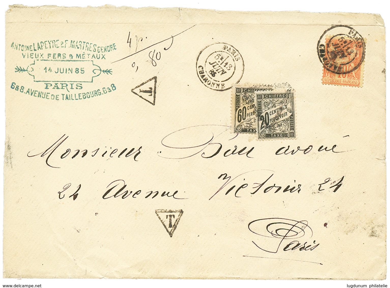 173 1885 40c SAGE Obl. PARIS Sur Enveloppe Locale Taxée Avec TAXE 20c(n°17) + 60c(n°21). Lettre 4éme échelon Affranchie  - Sonstige & Ohne Zuordnung