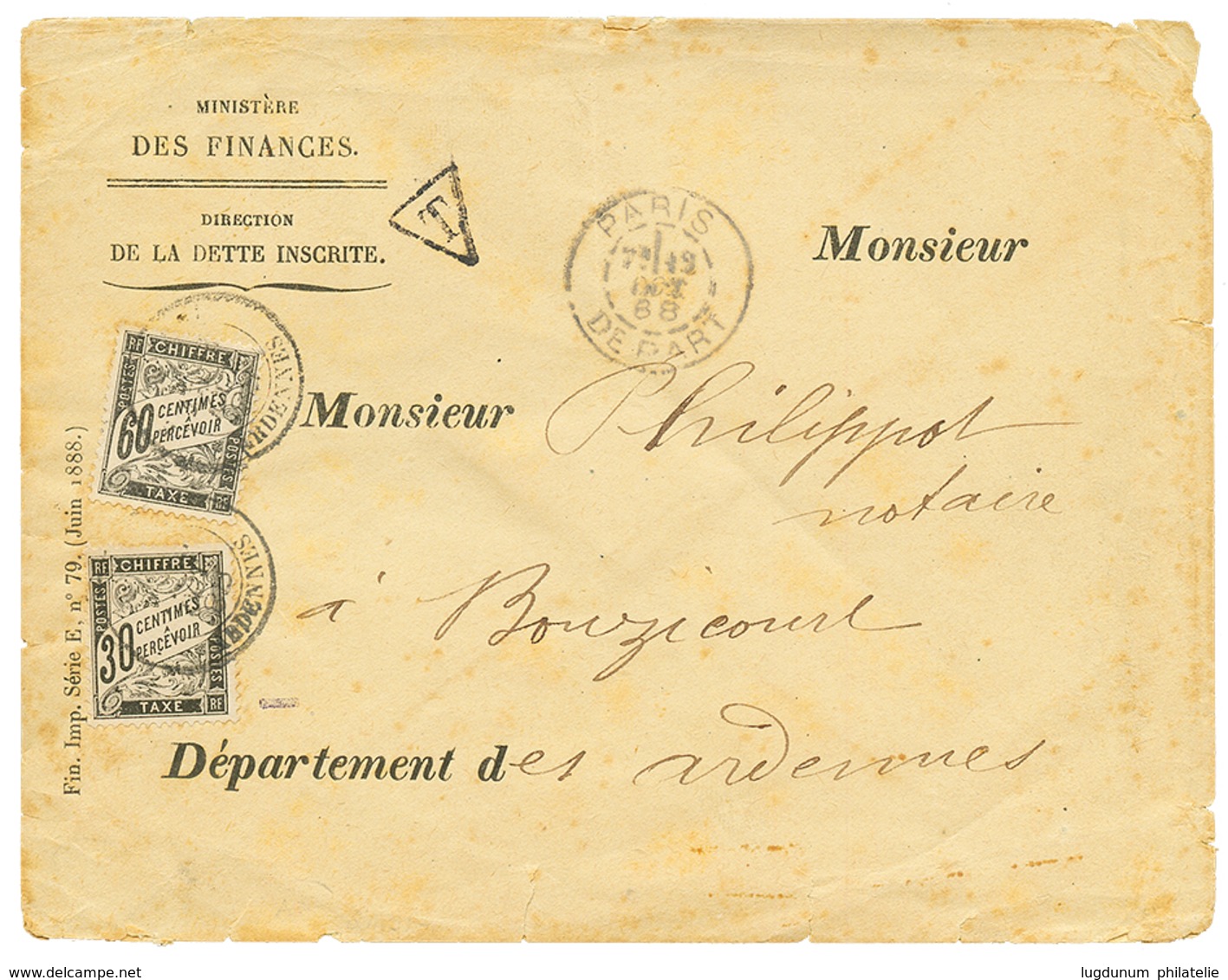 174 1888 Lettre NON AFFRANCHIE De PARIS Taxée à BOUZICOURT Avec TAXE 30c(n°18) + 60c(n°21). RARE. TB. - Sonstige & Ohne Zuordnung