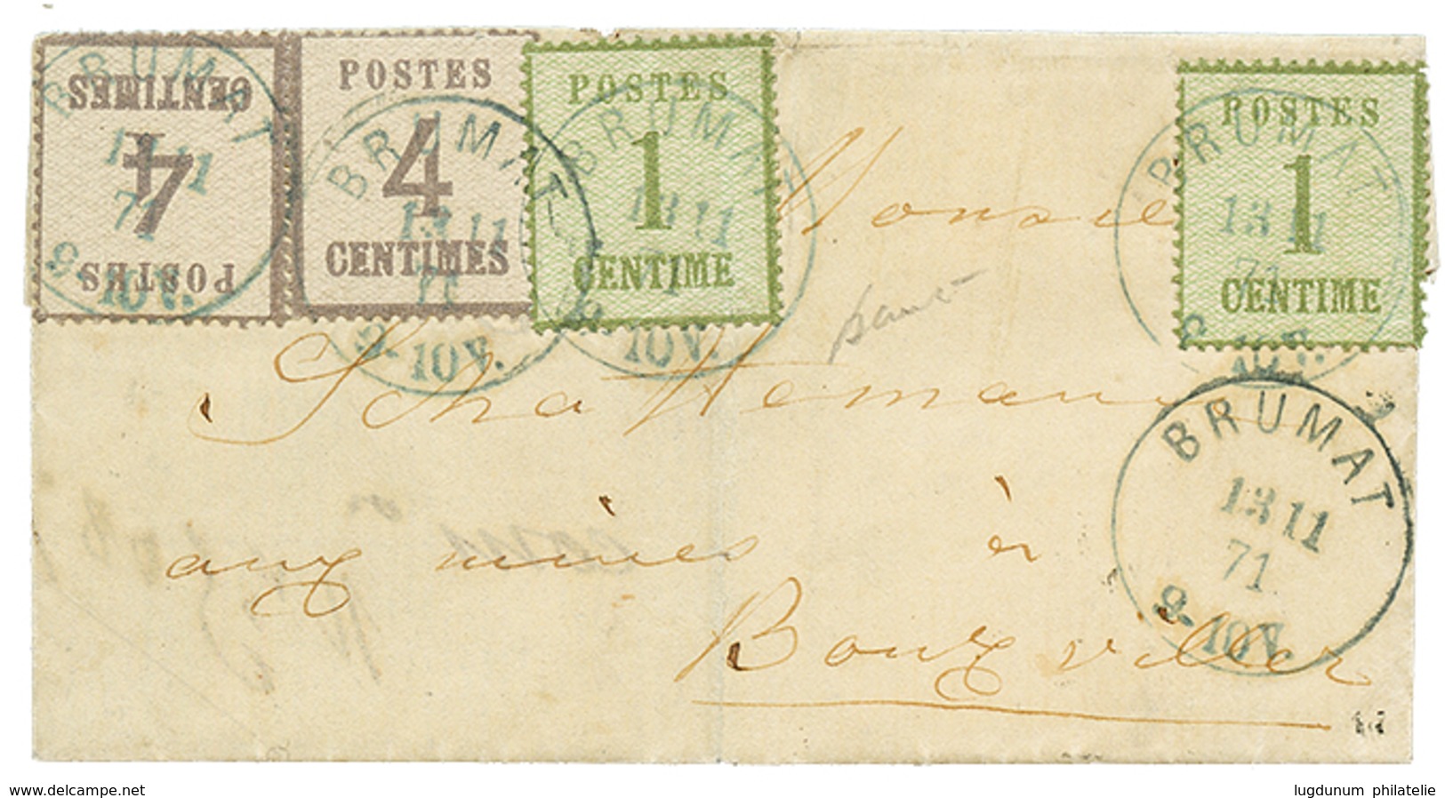 177 ALSACE-LORRAINE : 1871 1c(x2) + 4c(x2) Obl. BRUMAT Sur Lettre Avec Texte Pour BOURGVILLER. RARE. TTB. - Sonstige & Ohne Zuordnung