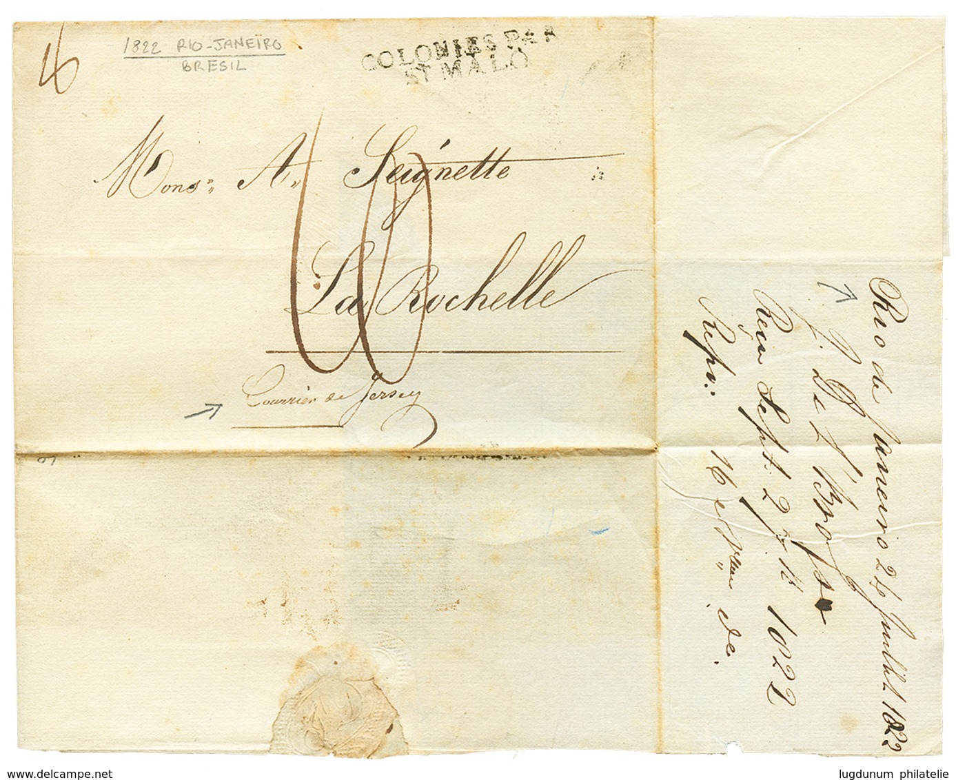 183 "BRESIL Via JERSEY & ST MALO : 1822 COLONIES PAR ST MALO + "Courrier De JERSEY" Sur Lettre Ss Texte Daté "RIO DE JAN - 1701-1800: Precursors XVIII