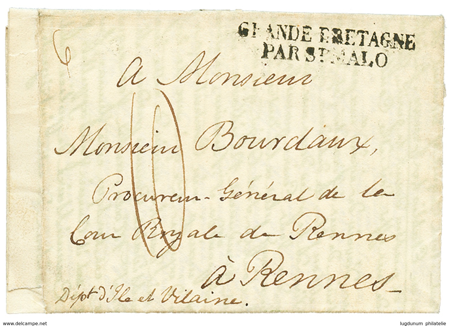 185 1823 GRANDE BRETAGNE PAR ST MALO Sur Lettre Avec Texte 4 Pages) Daté "au OUMAT ISLE GUERNESEY" Pour RENNES. TTB. - 1701-1800: Vorläufer XVIII