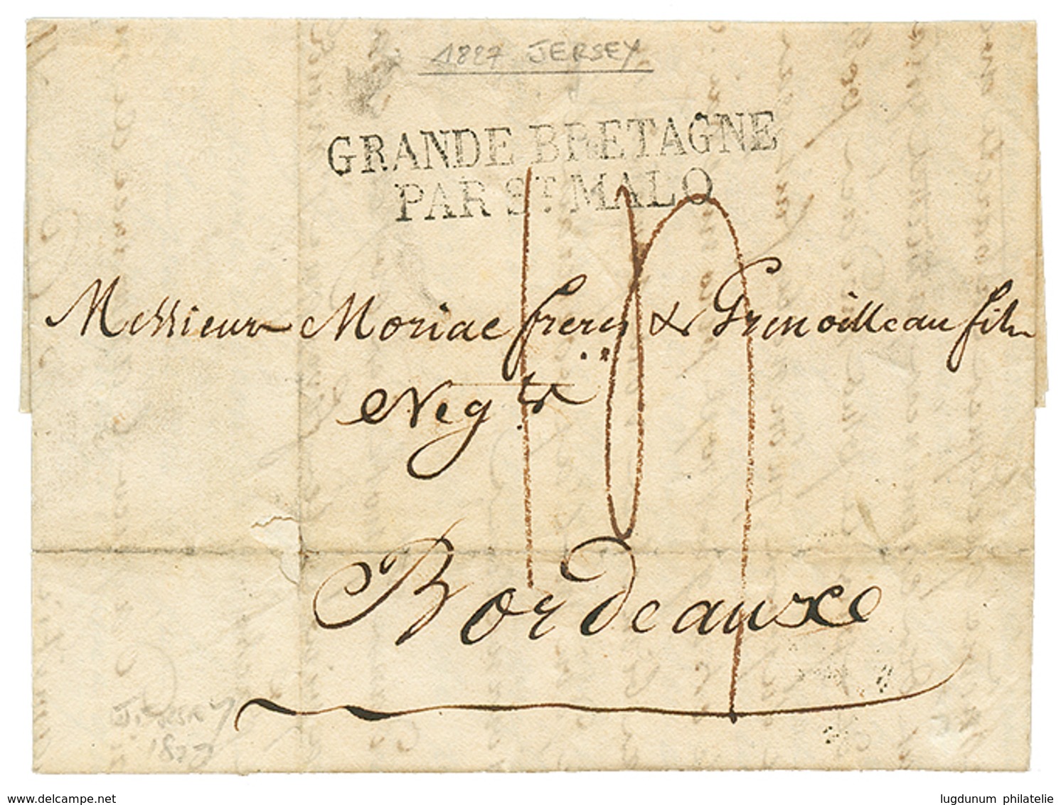 186 1827 GRANDE BRETAGNE PAR ST MALO Sur Lettre Avec Texte De JERSEY Pour BORDEAUX. TTB. - 1701-1800: Vorläufer XVIII