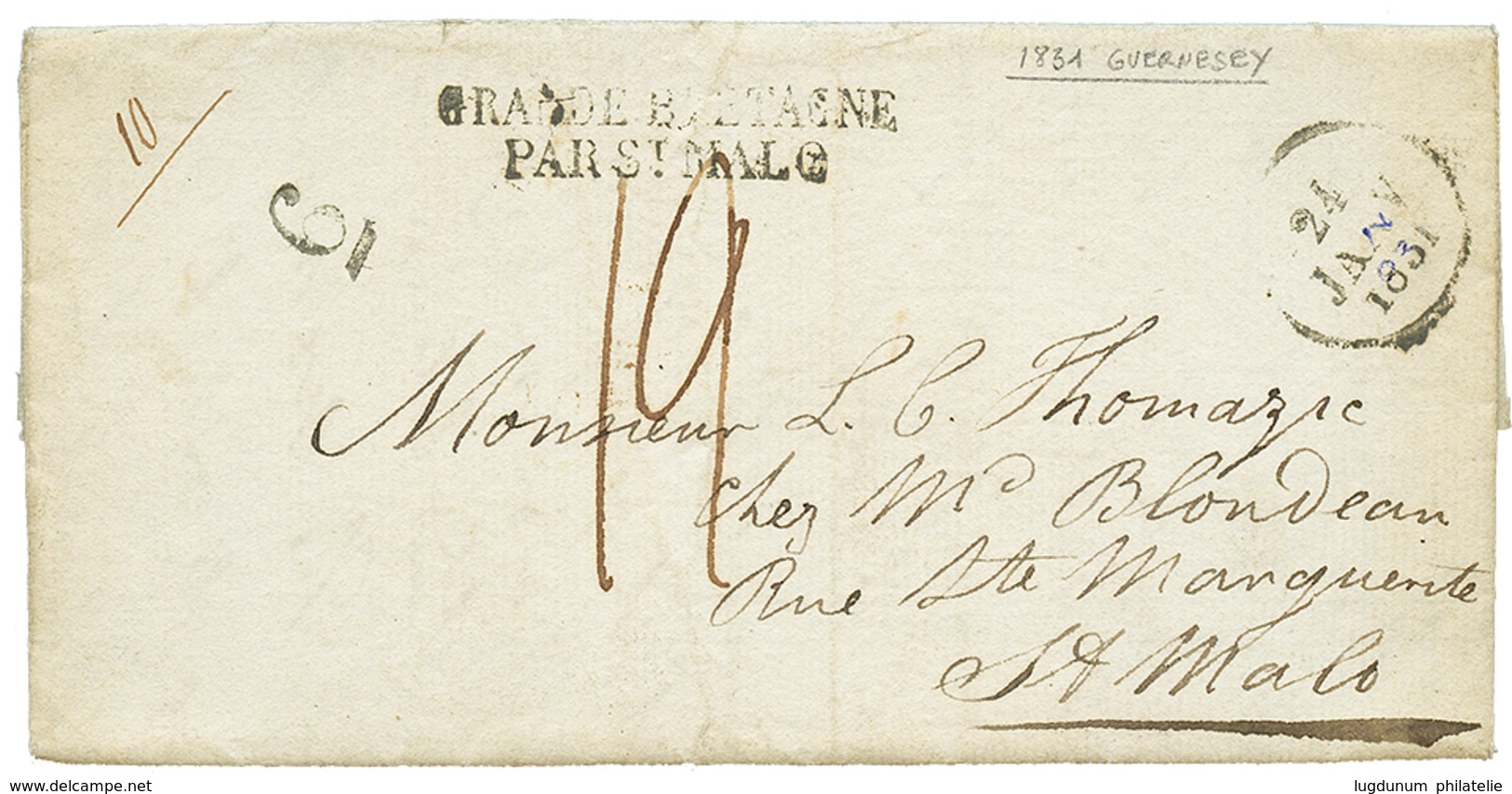 187 1831 GRANDE BRETAGNE PAR ST MALO + Taxe 6 Sur Lettre Avec Texte 4 Pages) De GUERNESEY" Pour ST MALO. TB. - 1701-1800: Vorläufer XVIII