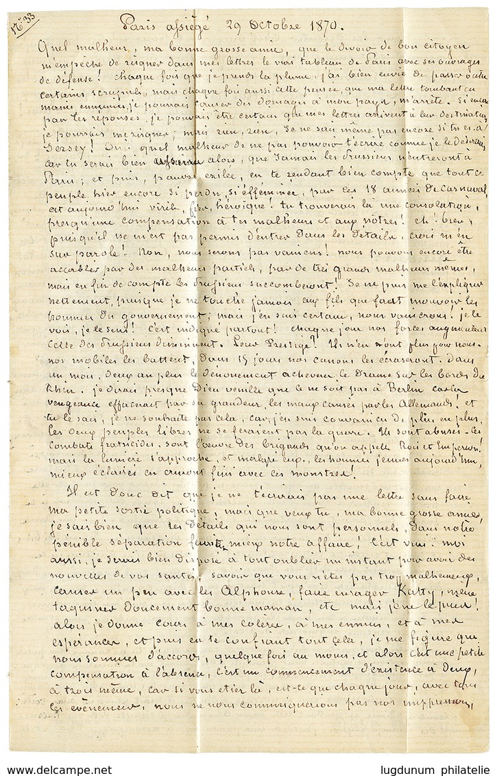 191 "BALLON MONTE Pour JERSEY" : 1870 EMPIRE 10c(n°28) + 20c (n°29) Obl. Etoile 3 + PARIS 29 OCT 70 Sur Lettre Avec Text - 1701-1800: Vorläufer XVIII