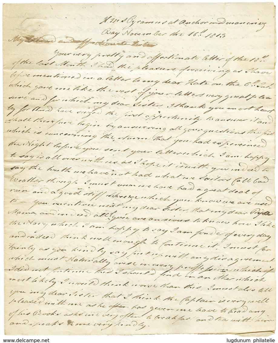 198 "BAIE De DOUARMENEZ" : 1813 Taxe "2/" Sur Lettre D'un Navire De Guerre Anglais Avec Texte Daté " H.M.S PYRAMUS At An - Posta Marittima