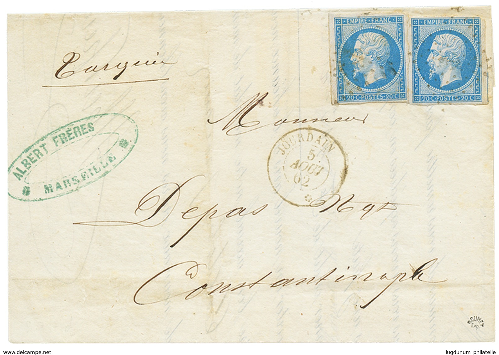 200 1862 20c(n°14)x2 Obl. ANCRE + Paquebot JOURDAIN Sur Lettre Pour CONSTANTINOPLE. TB. - Maritime Post