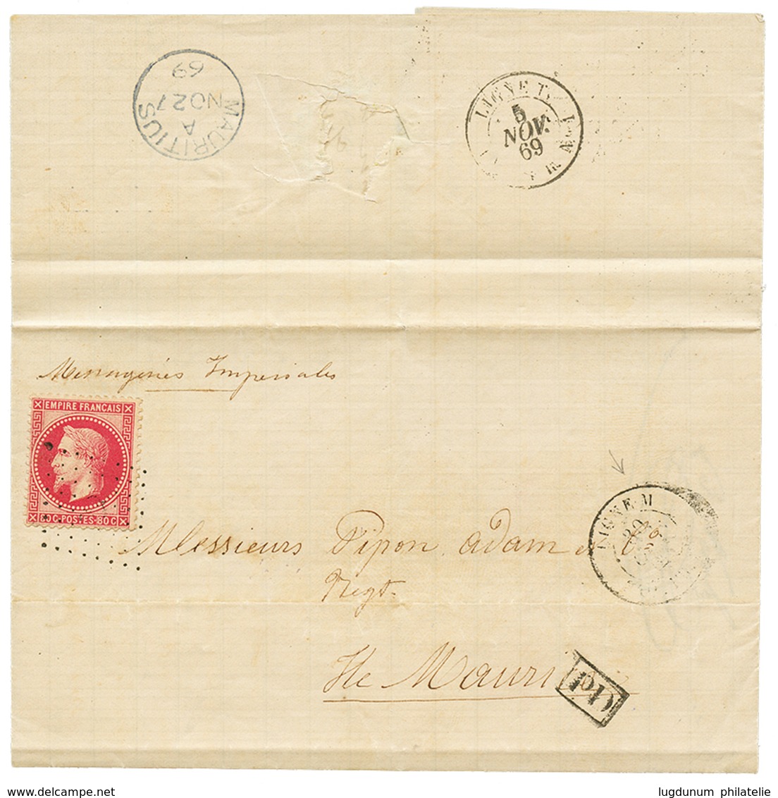 205 "LIGNE M Pour L' ILE MAURICE" : 1869 80c(n°32) Obl. ANCRE + Trés Rare Cachet LIGNE M PAQ FR Sur Lettre De MARSEILLE  - Maritime Post