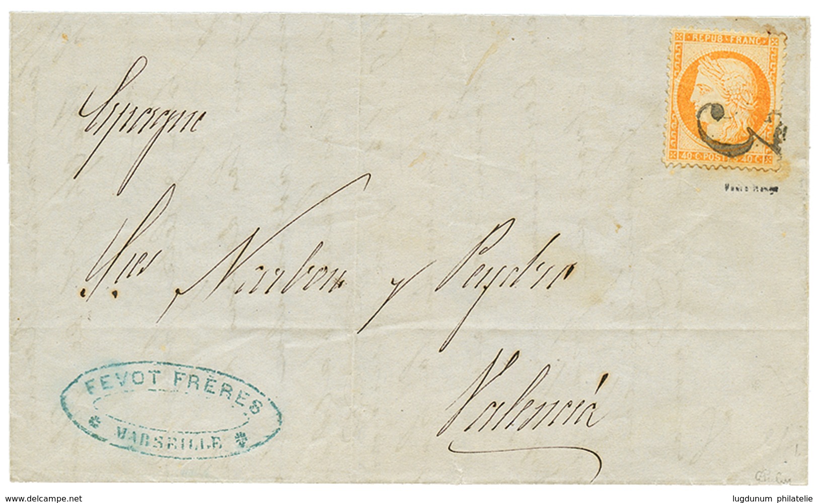 207 1873 40c SIEGE (n°38) Obl. Cachet Taxe ESPAGNOL "3" Sur Lettre De MARSEILLE Pour VALENCIA (ESPAGNE). Signé CALVES. 1 - Schiffspost